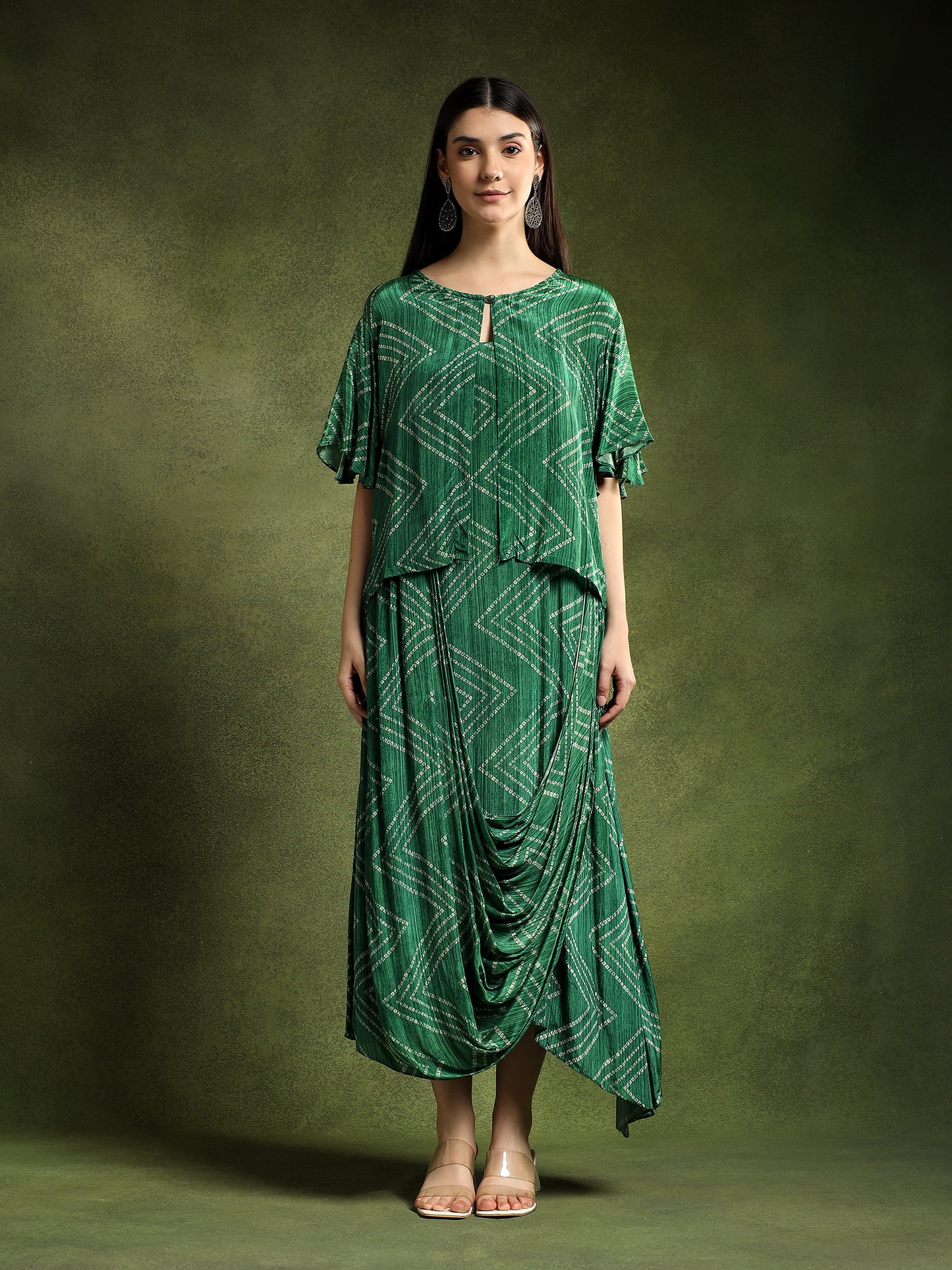Green Bandhej Printed Satin Cape Dress