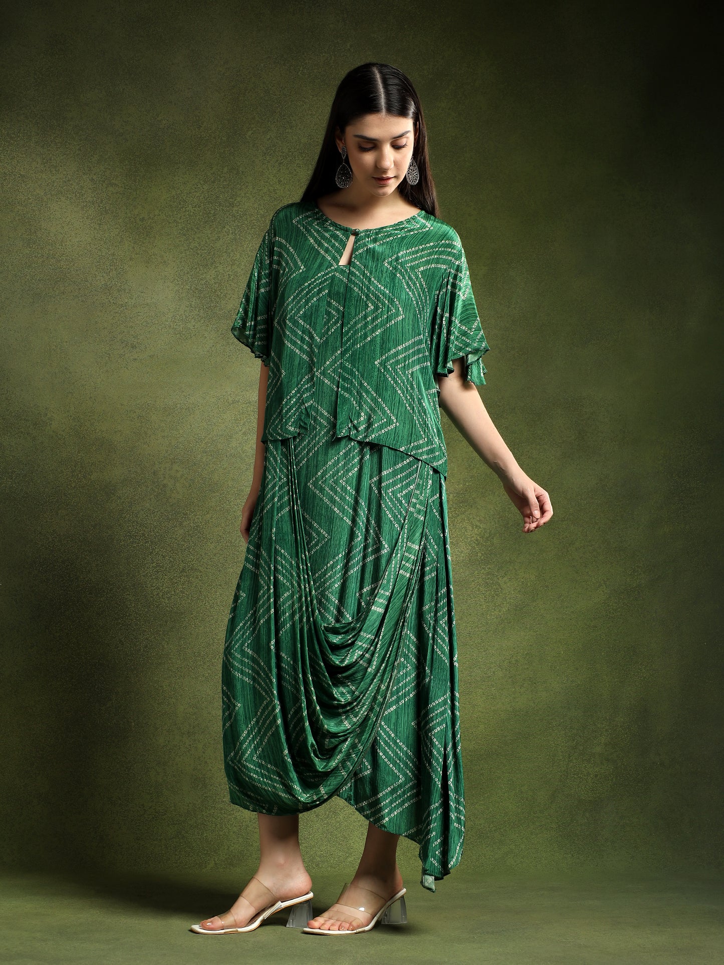 Green Bandhej Printed Satin Cape Dress