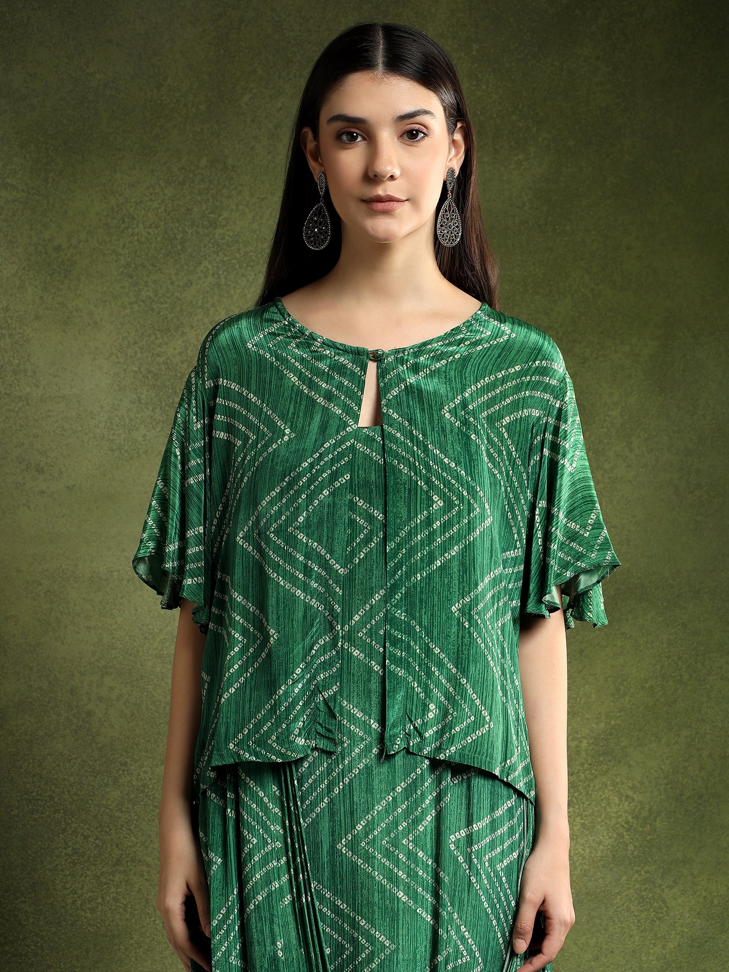 Green Bandhej Printed Satin Cape Dress