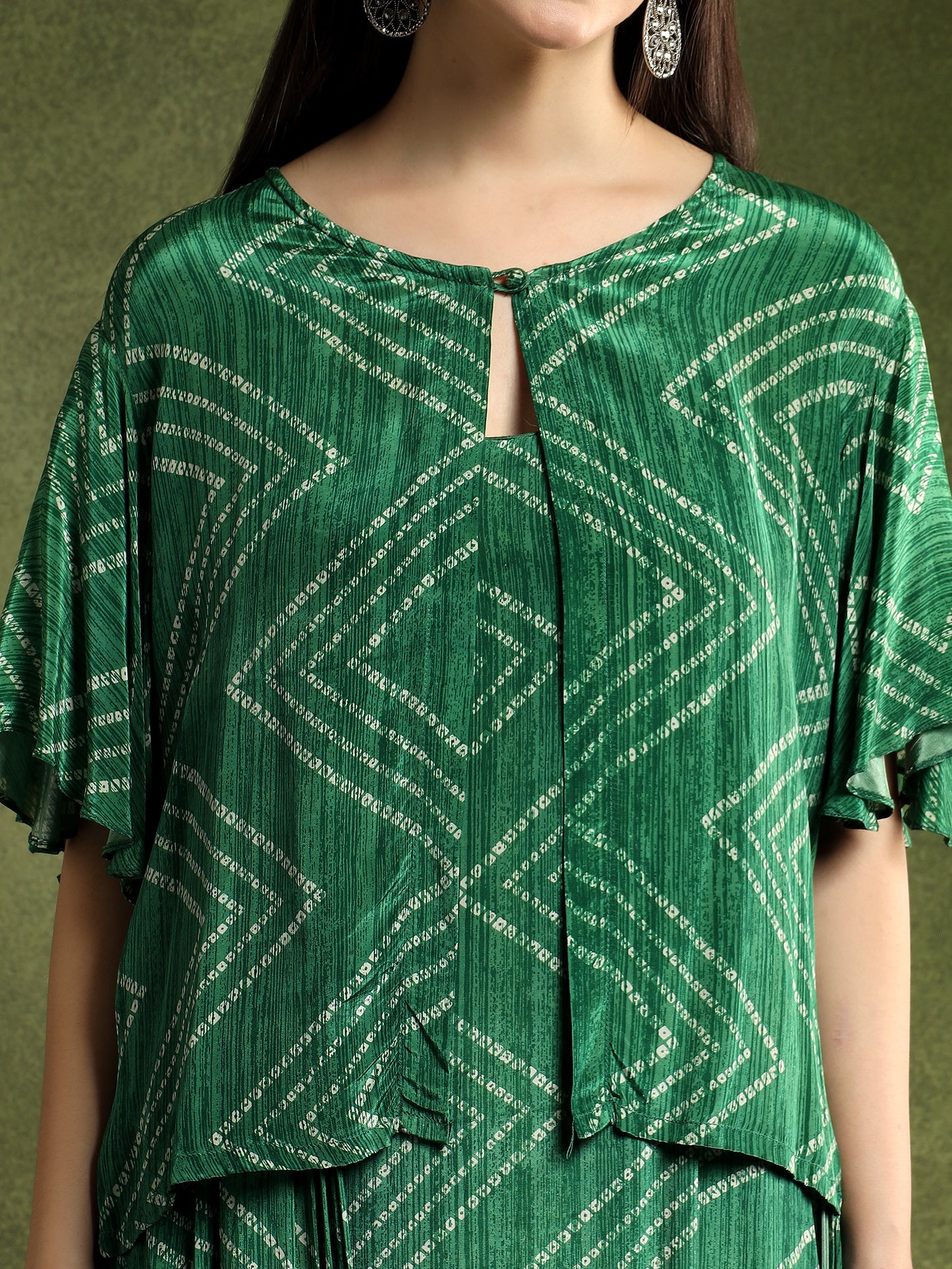 Green Bandhej Printed Satin Cape Dress