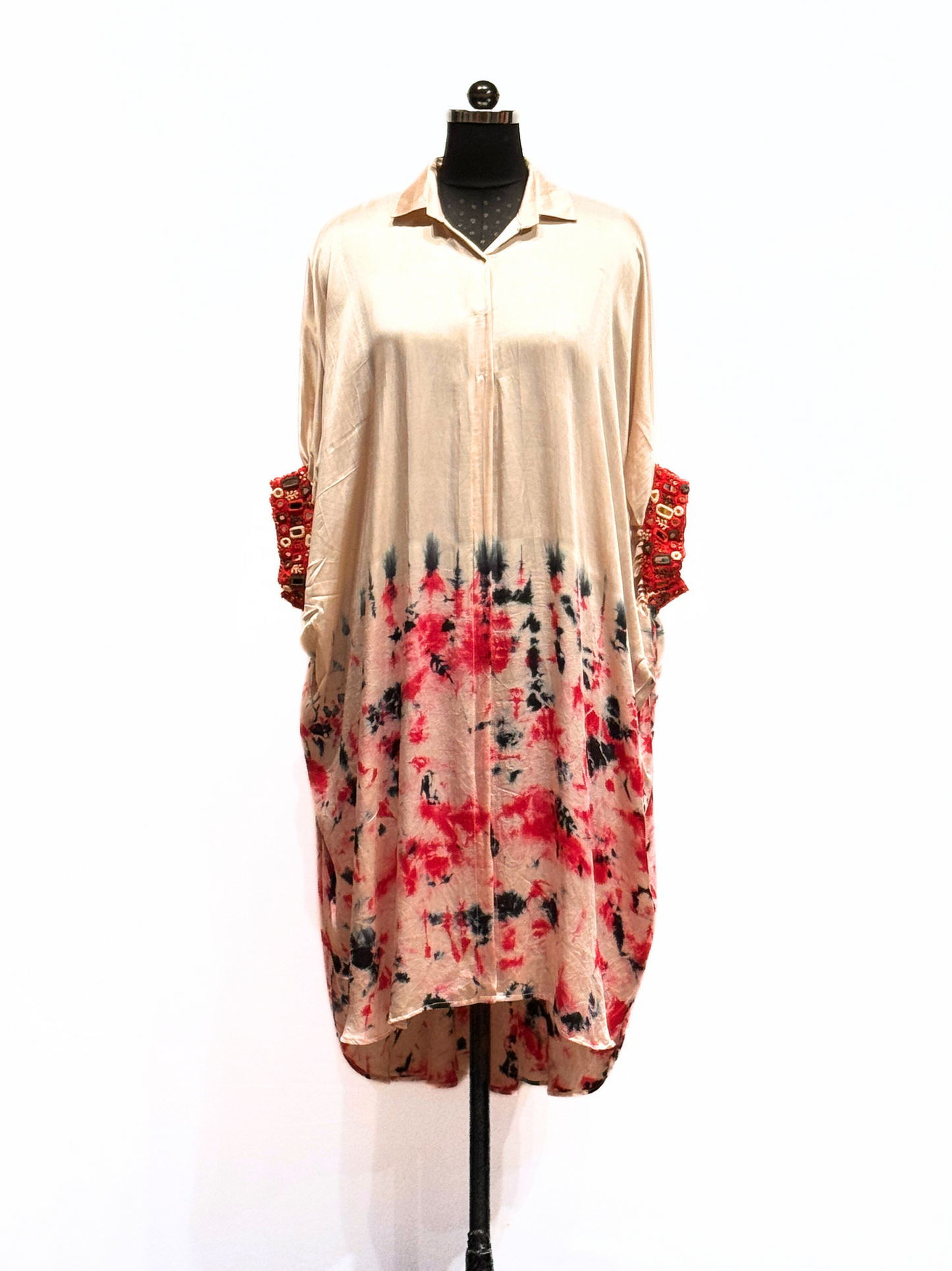 Ivory Satin Printed Shirt Dress