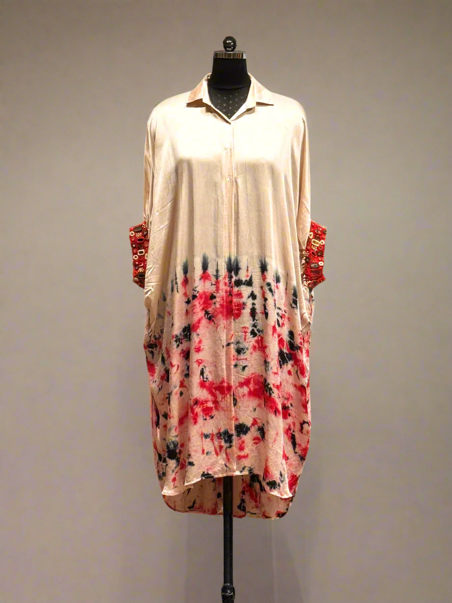 Ivory Satin Printed Shirt Dress