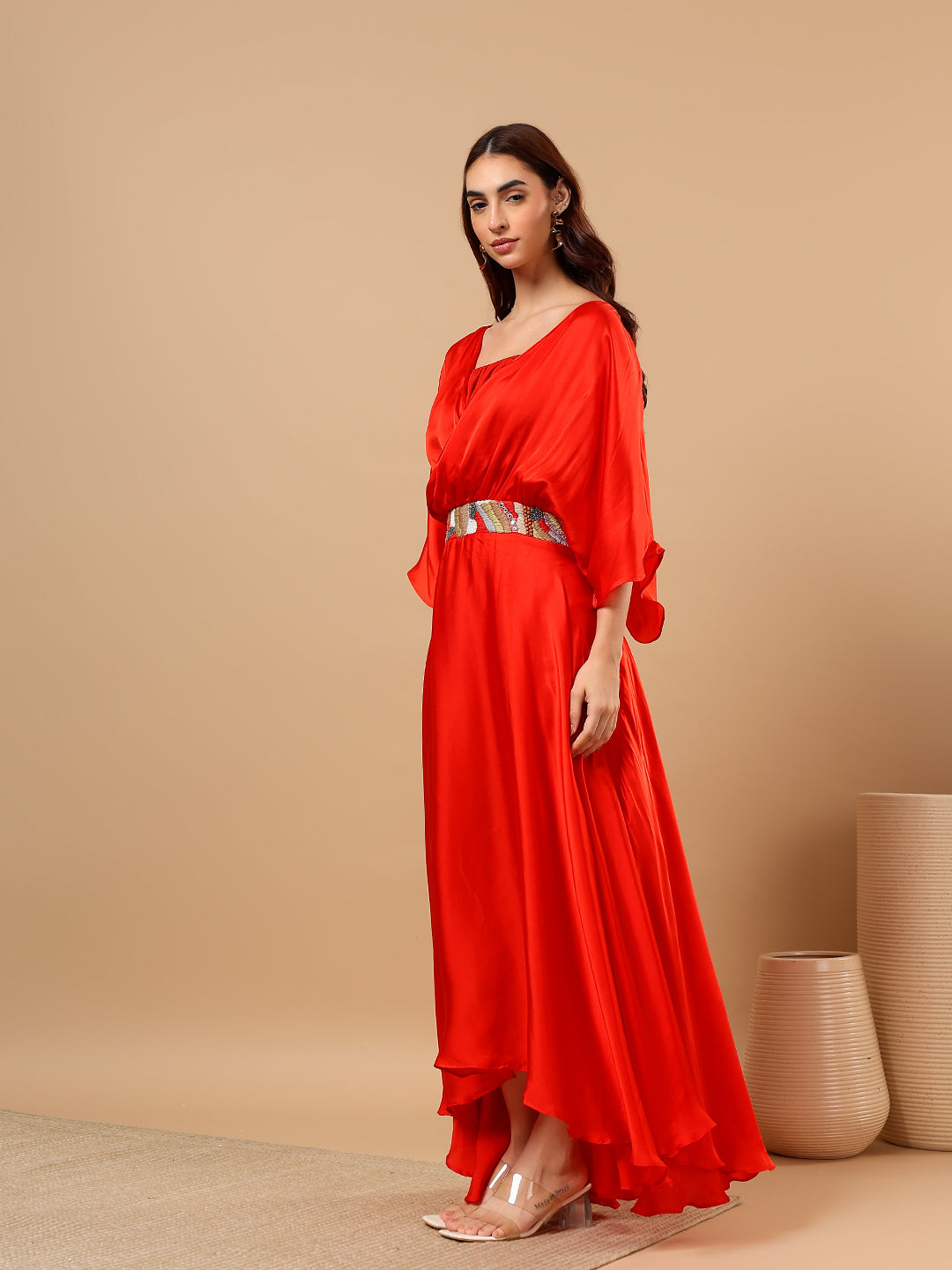 Orange Satin Cowl Dress