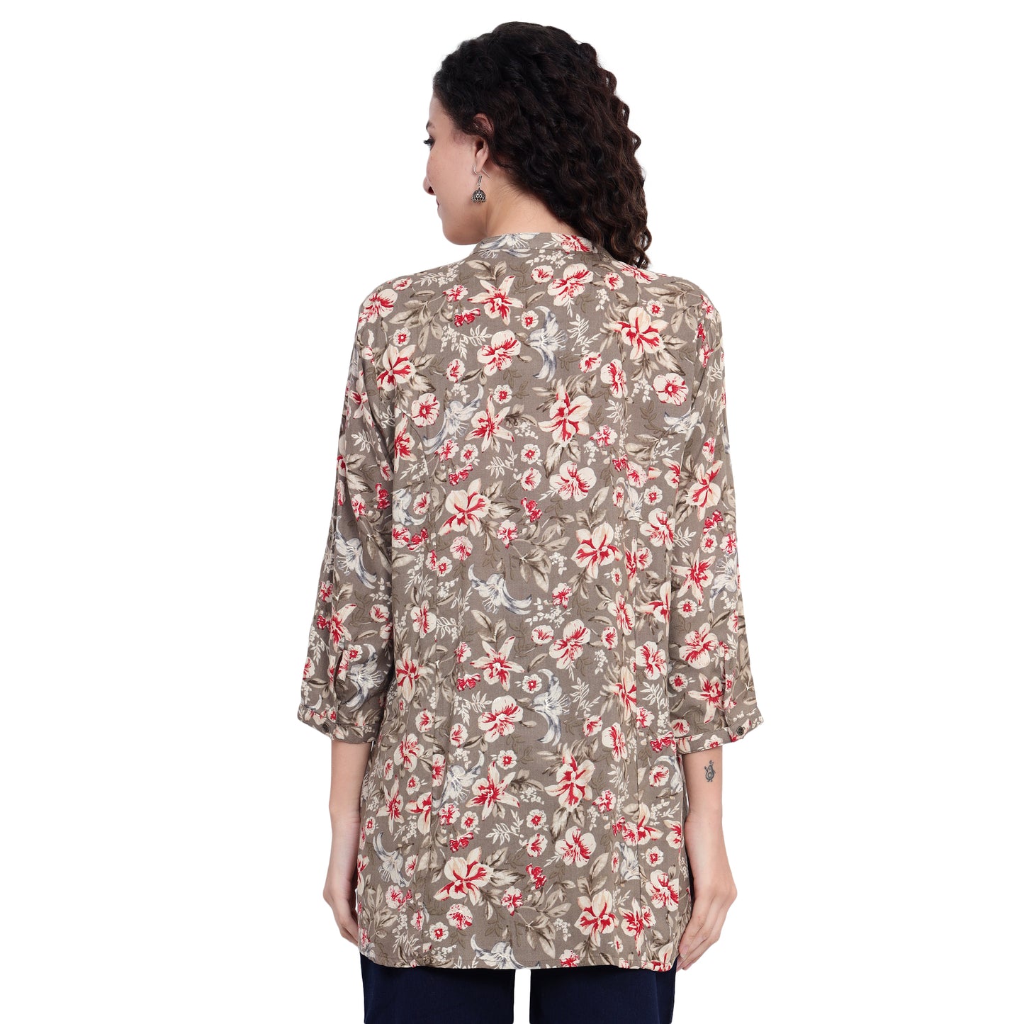 Grey Foil Printed Rayon Silk Short Kurta