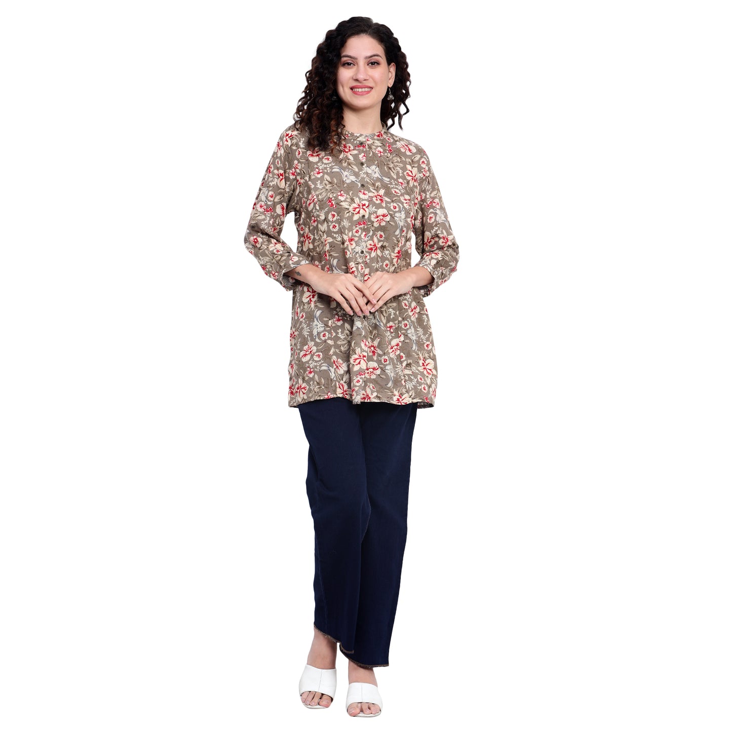 Grey Foil Printed Rayon Silk Short Kurta