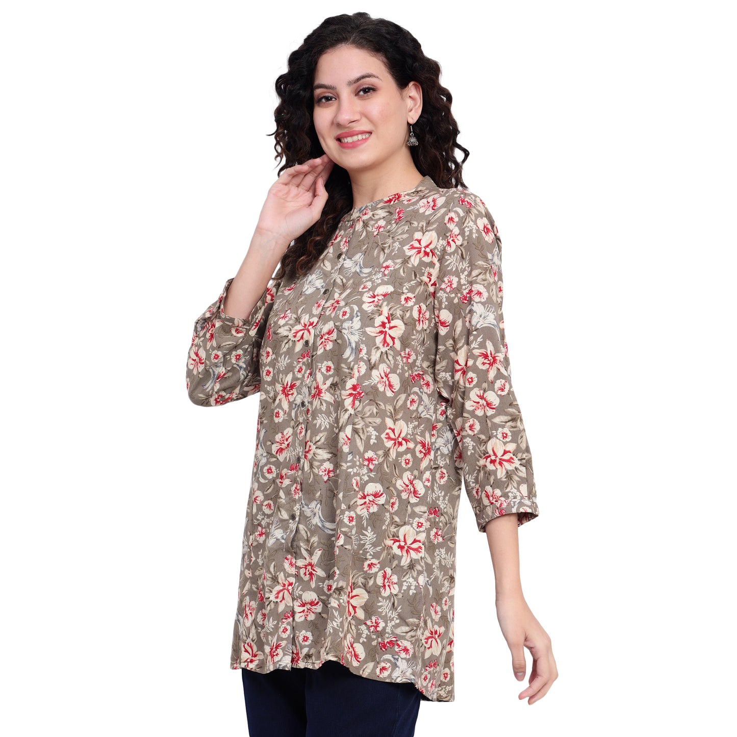 Grey Foil Printed Rayon Silk Short Kurta