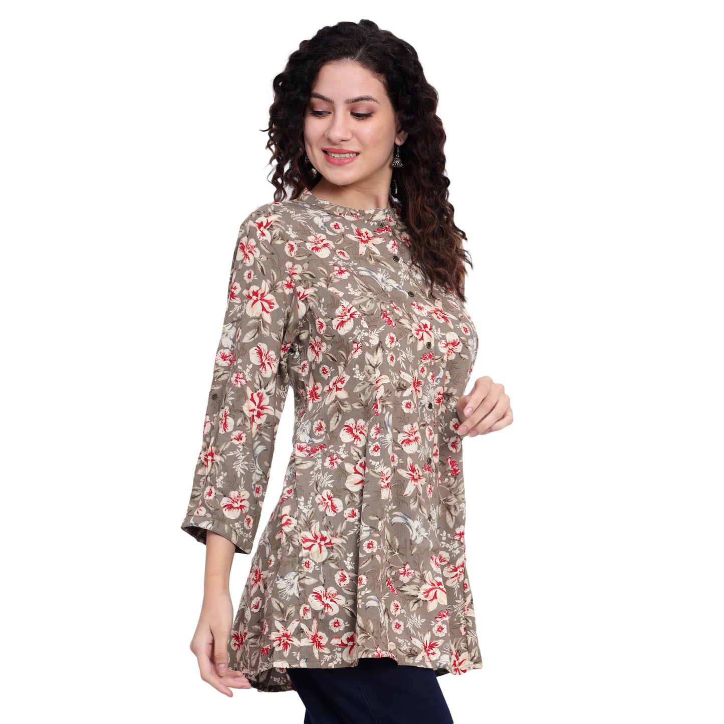 Grey Foil Printed Rayon Silk Short Kurta