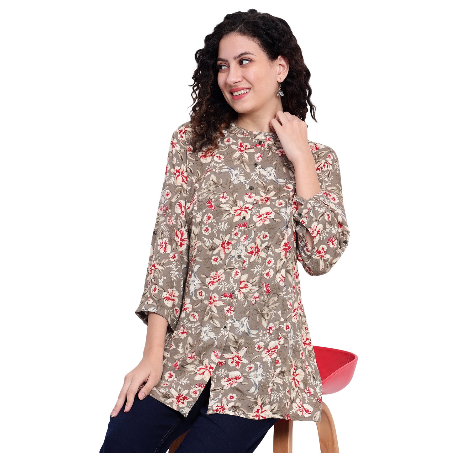 Grey Foil Printed Rayon Silk Short Kurta