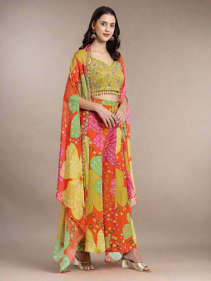 Orange Hand-Embroidered Cape Set with Flared Pants