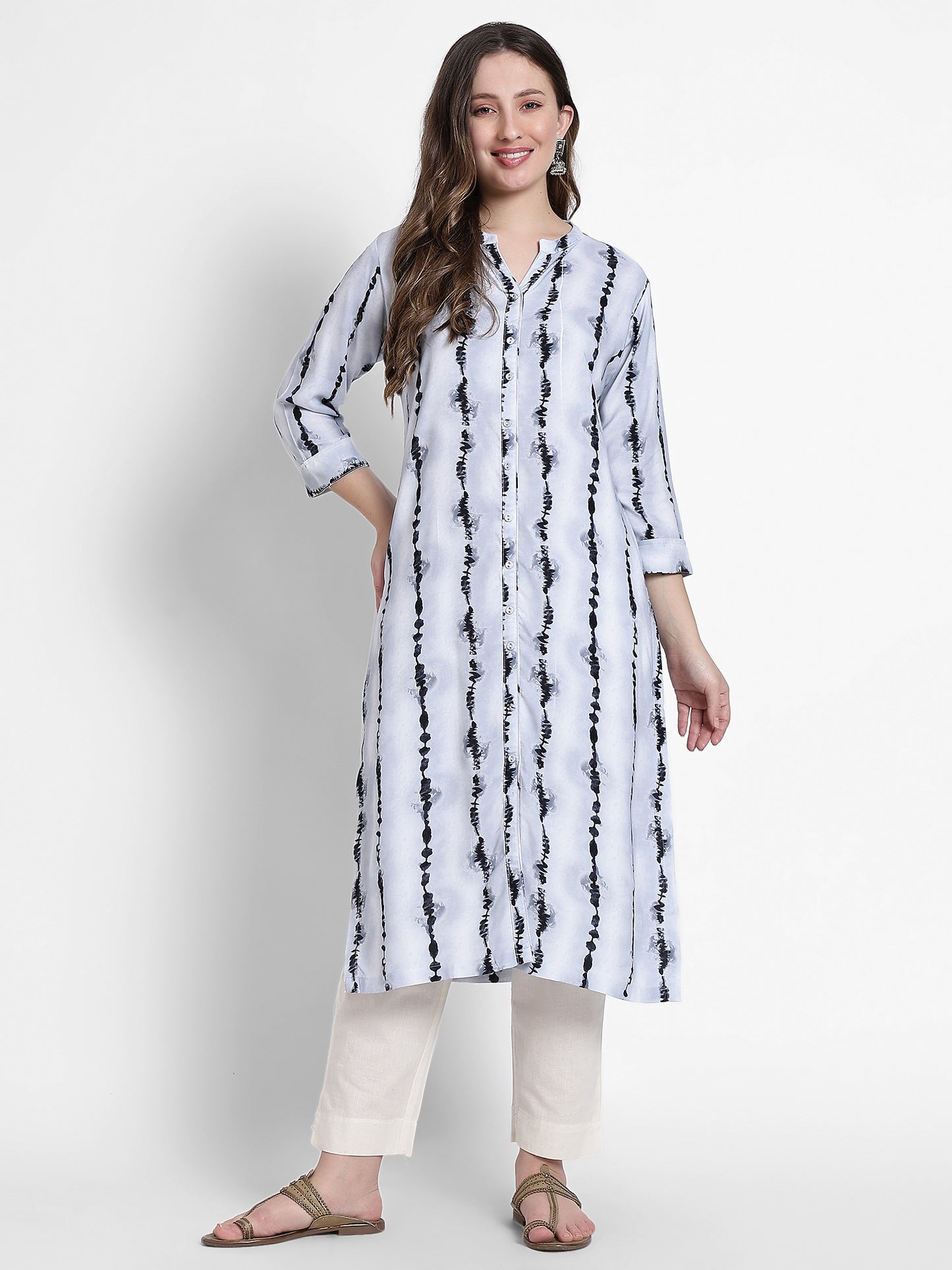 White Cotton Blue Abstract Striped Cotton Kurta