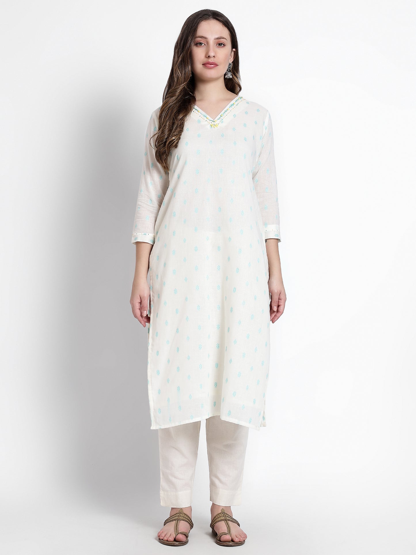 White Cotton Sky Blue Woven Kurta