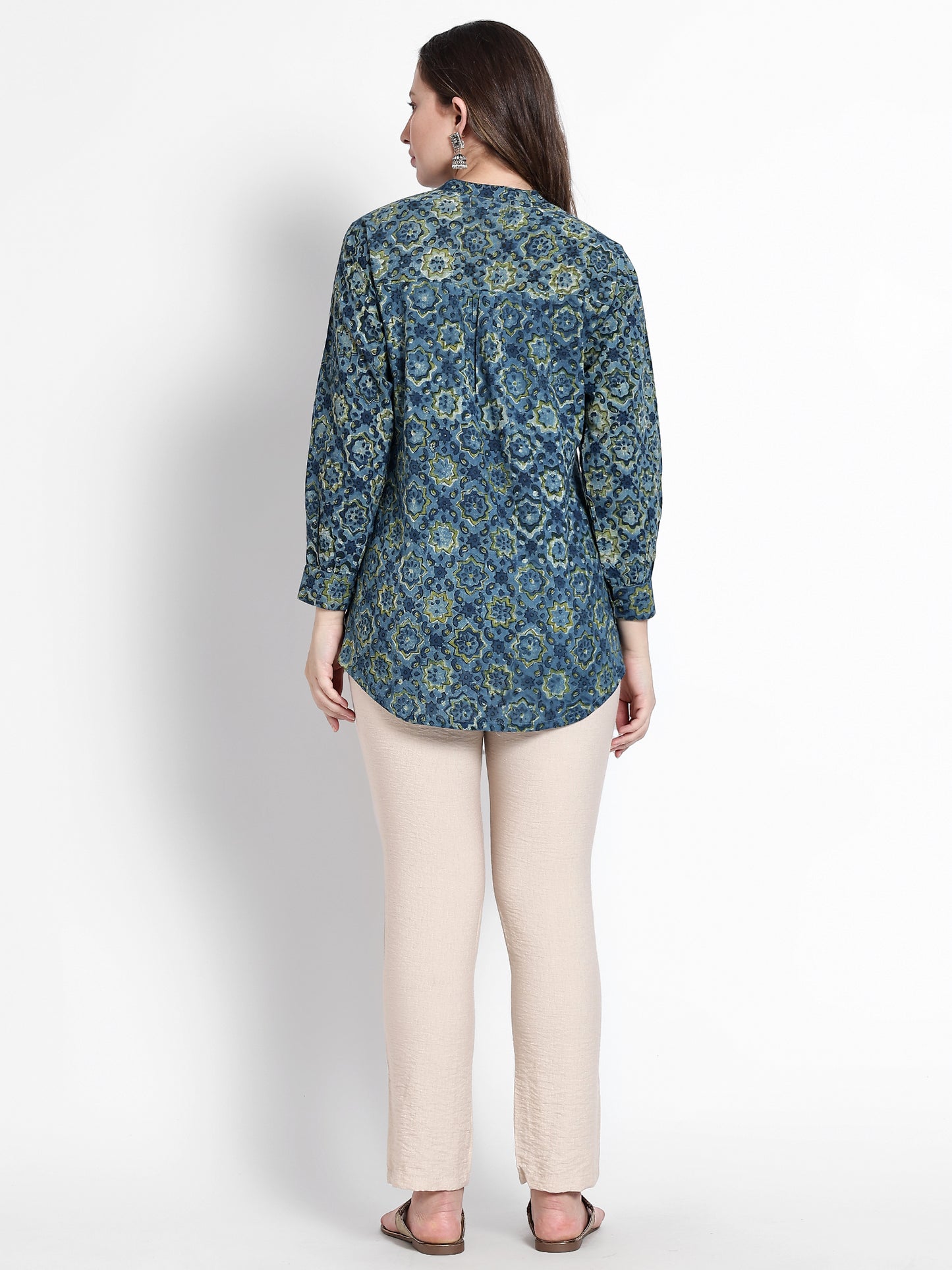 Blue Printed Cotton Short Kurta
