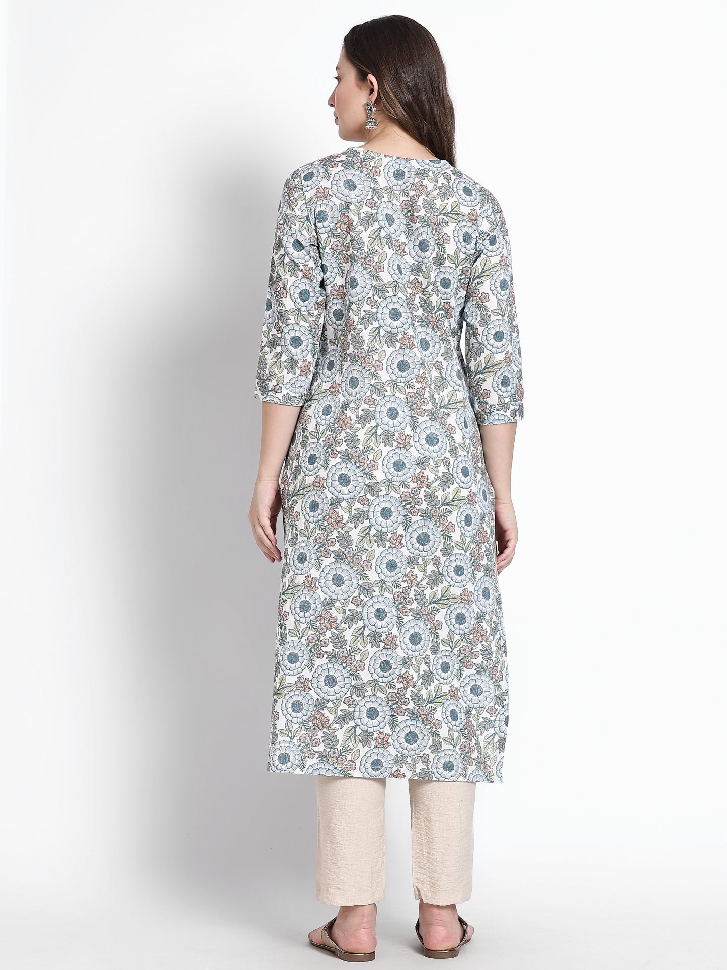 Blue Floral Printed Cotton Kurta