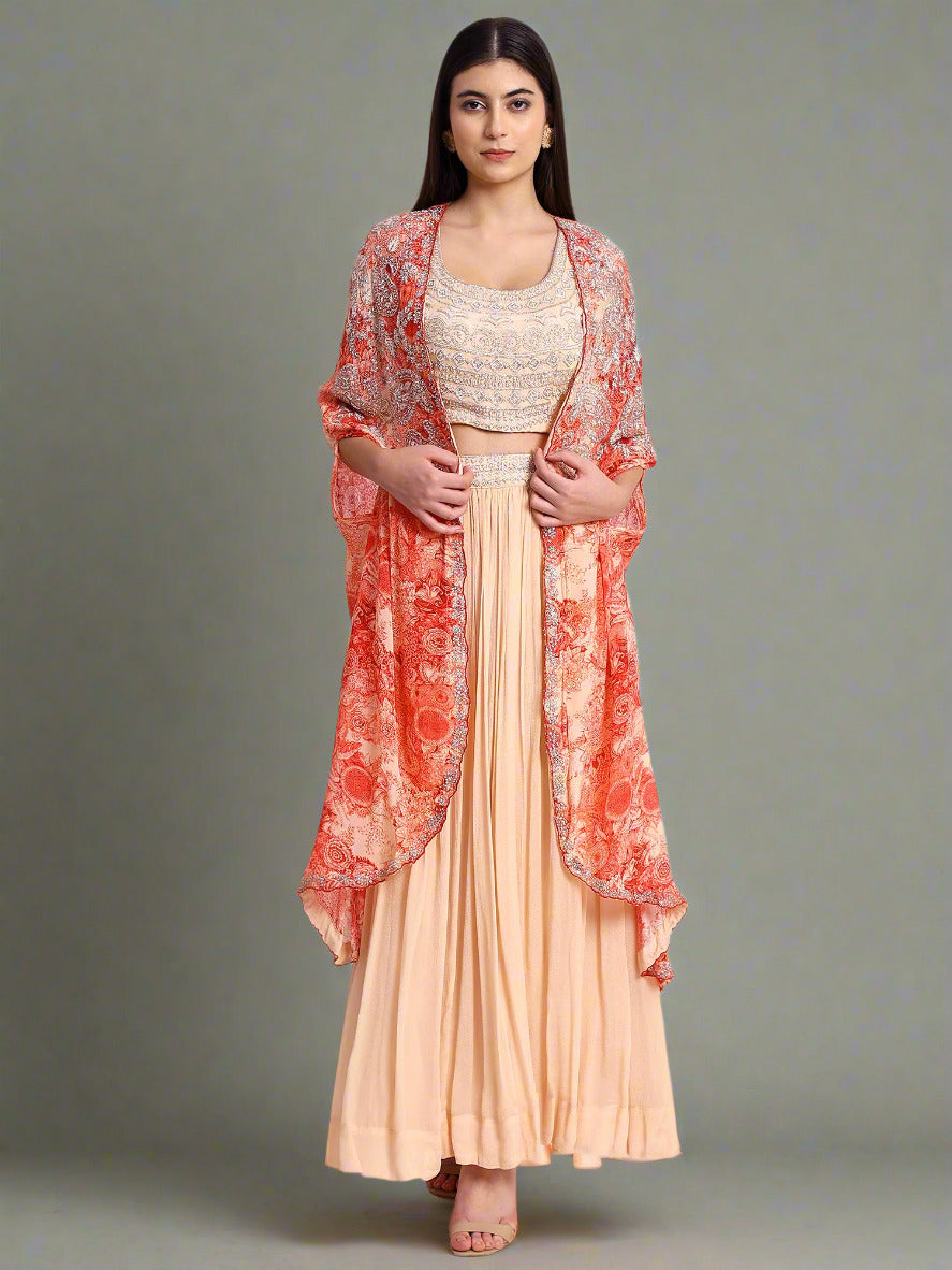 Peach Georgette Hand Embroidered Cape Set