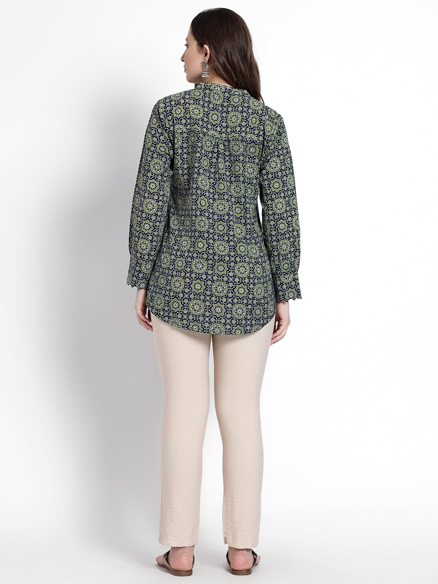 Green Printed Cotton Short Kurta