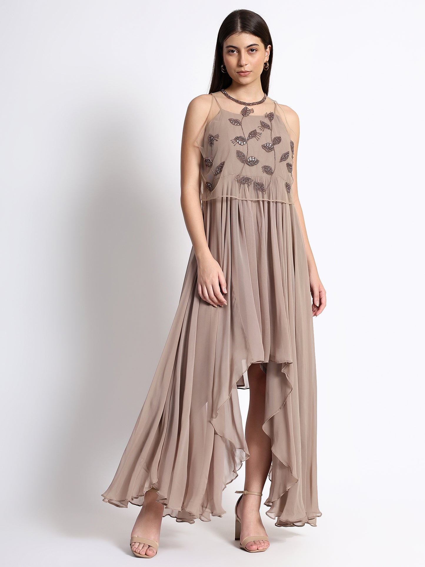 Beige Georgette Dress with Cape