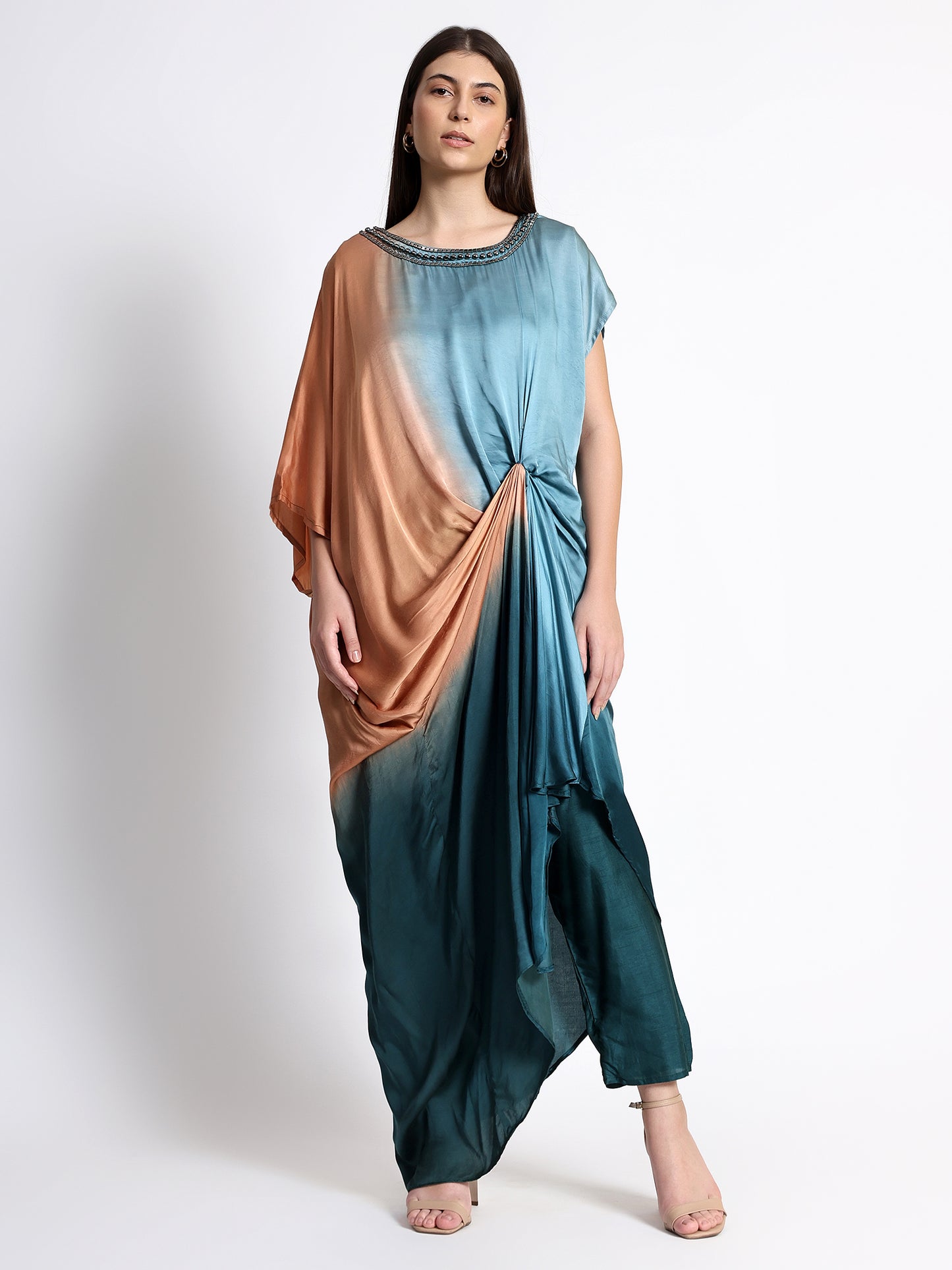 Turquoise Knotted Satin Kaftan with Teal Pants