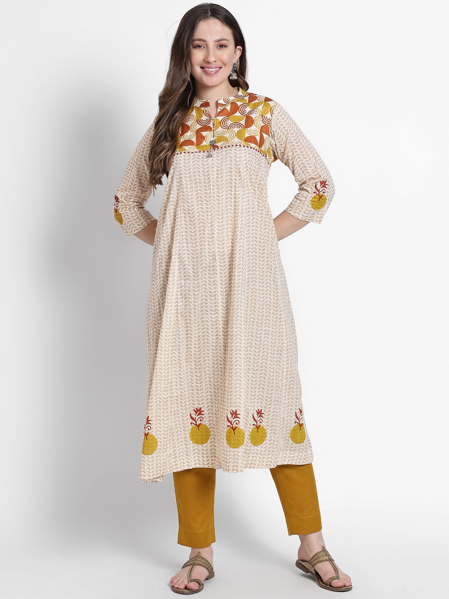 Mustard Cotton Printed Kurta Set