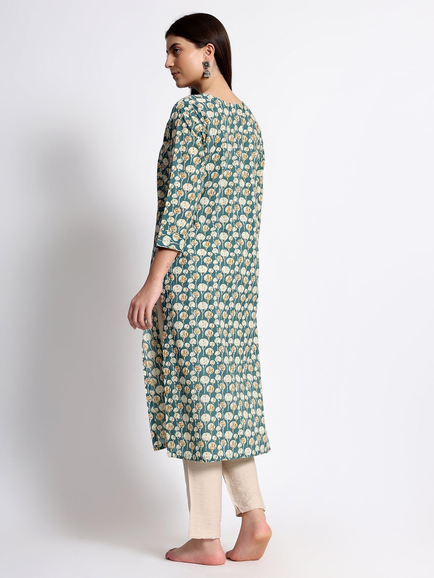 Teal Cotton Printed Kurta