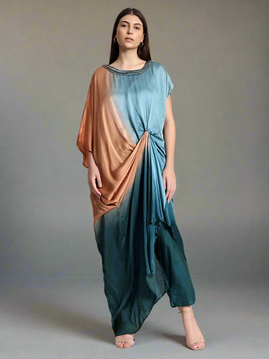Turquoise Knotted Satin Kaftan with Teal Pants
