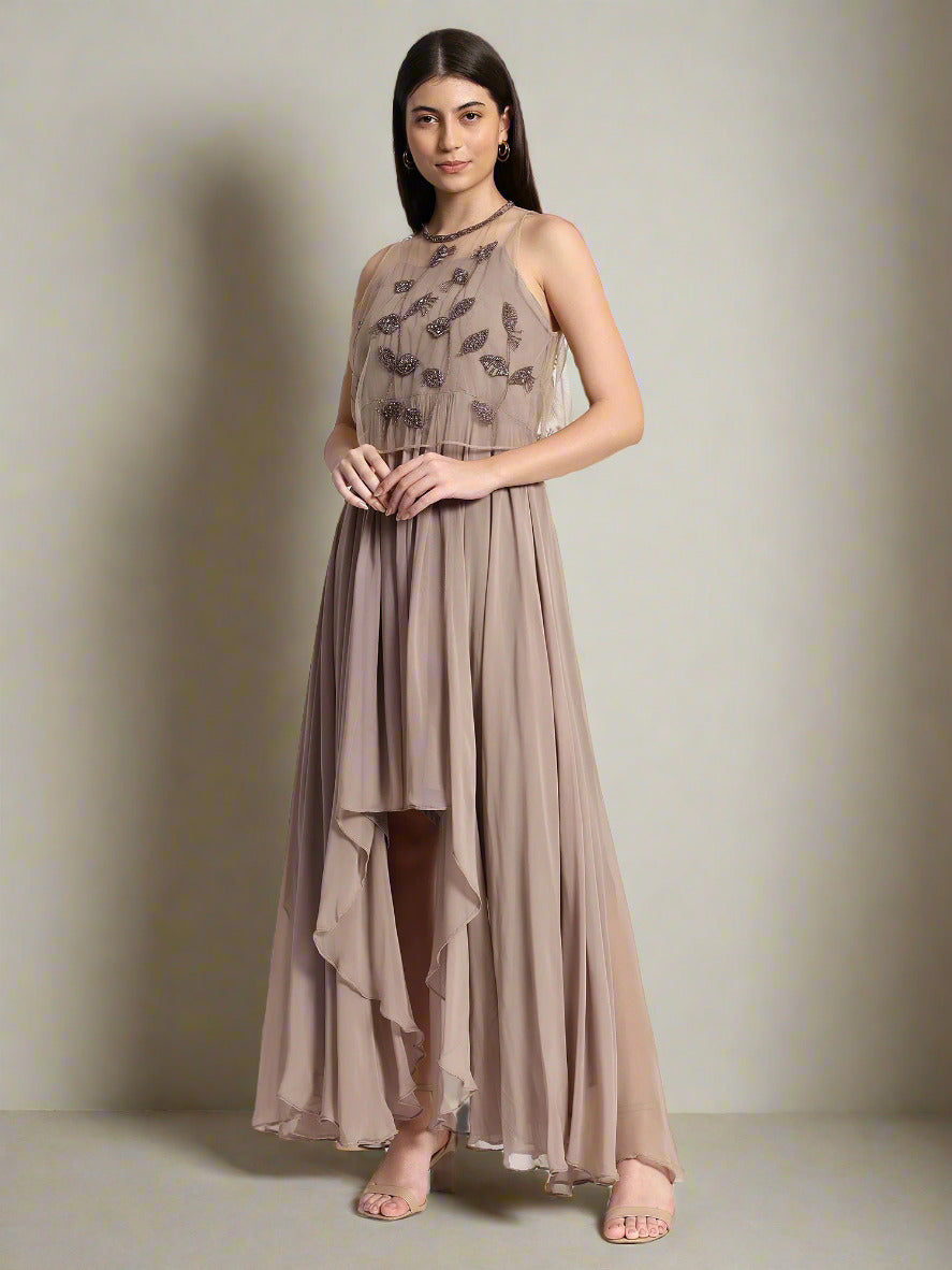 Beige Georgette Dress with Cape