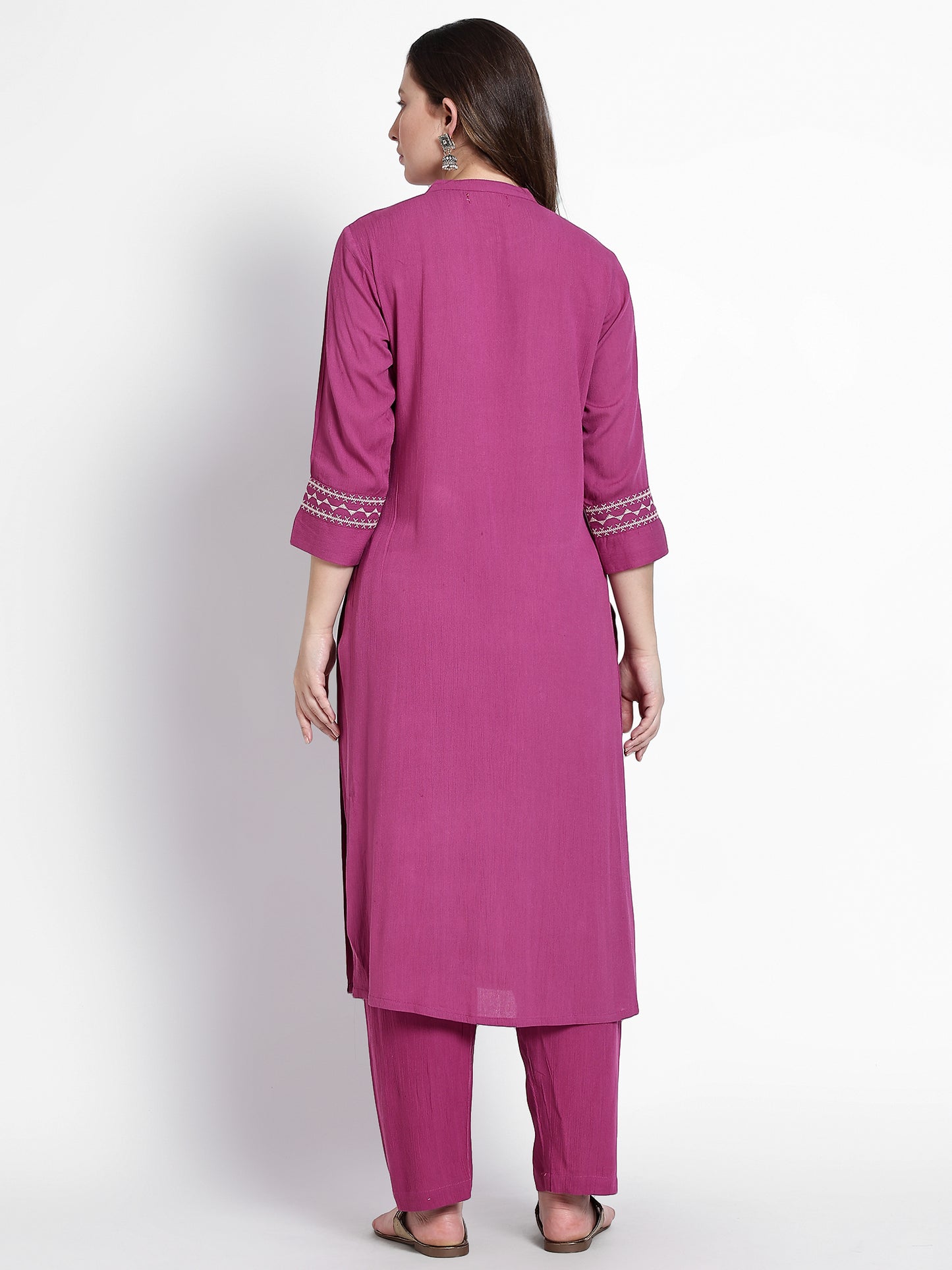Pink Crincle Cotton Hand Embroidered Kurta Set