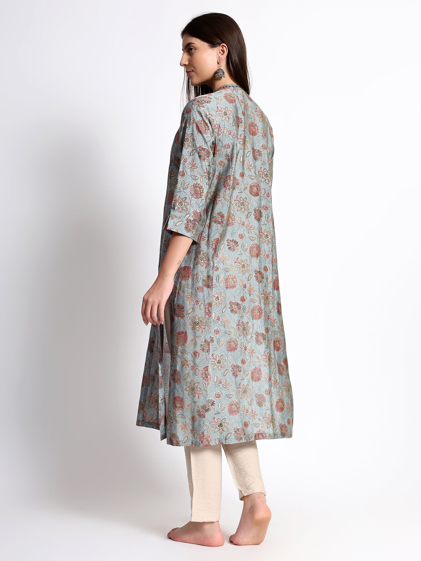 Dark Teal Cotton Printed Kurta