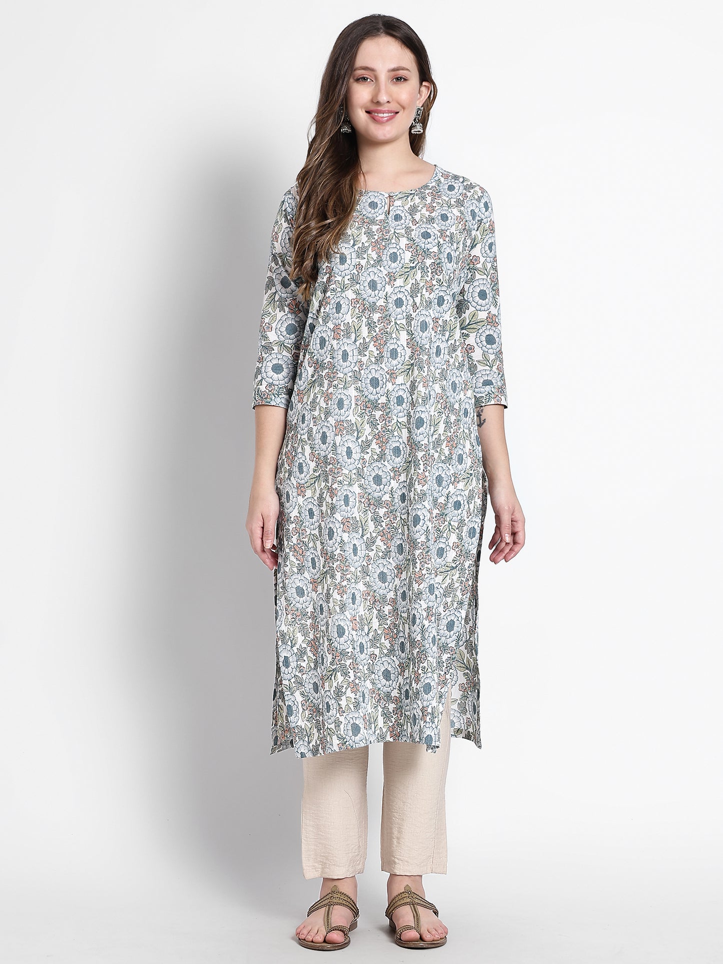 Blue Floral Printed Cotton Kurta