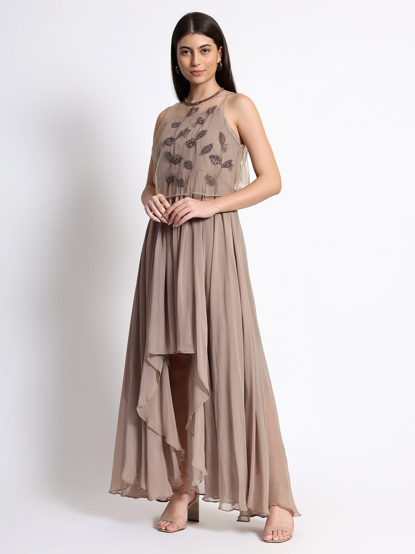Beige Georgette Dress with Cape