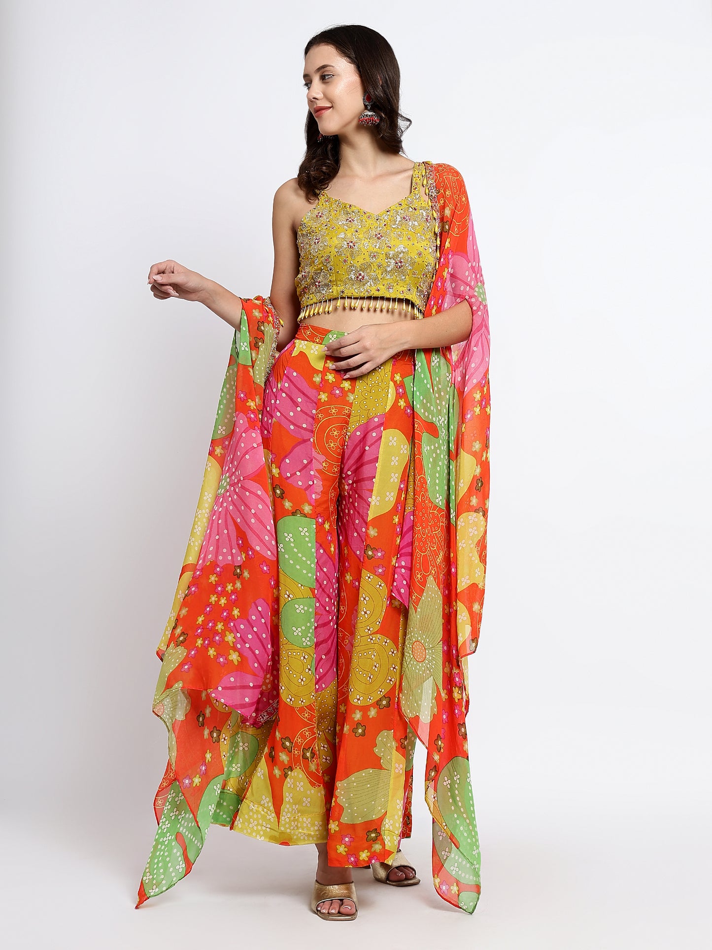 Orange Hand-Embroidered Cape Set with Flared Pants