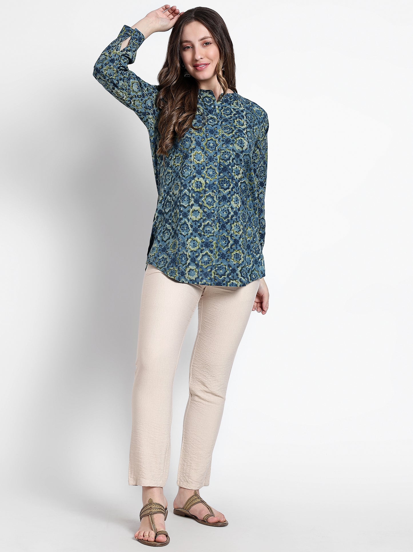 Blue Printed Cotton Short Kurta