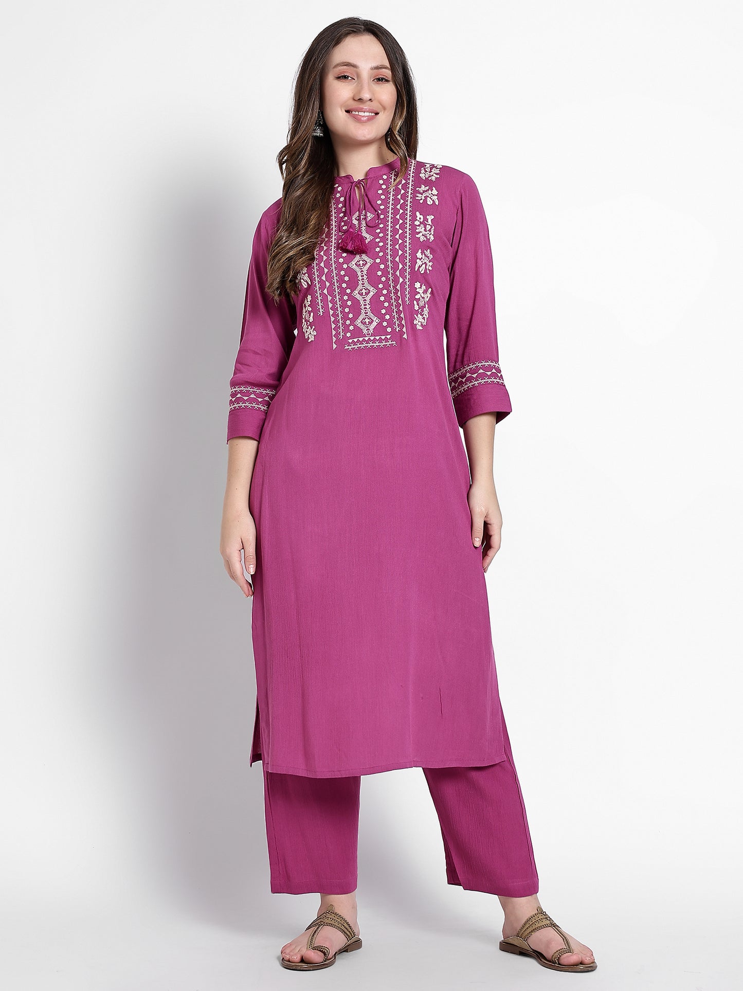 Pink Crincle Cotton Hand Embroidered Kurta Set