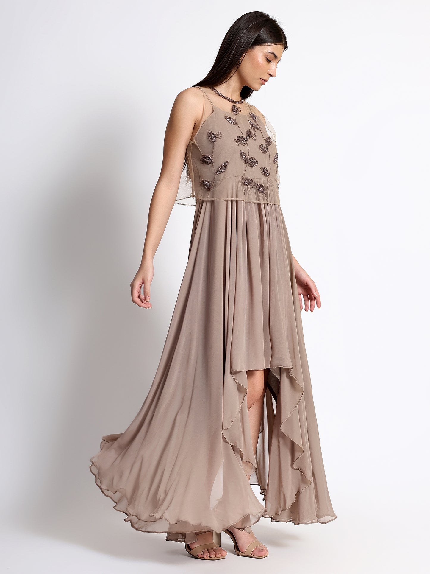 Beige Georgette Dress with Cape