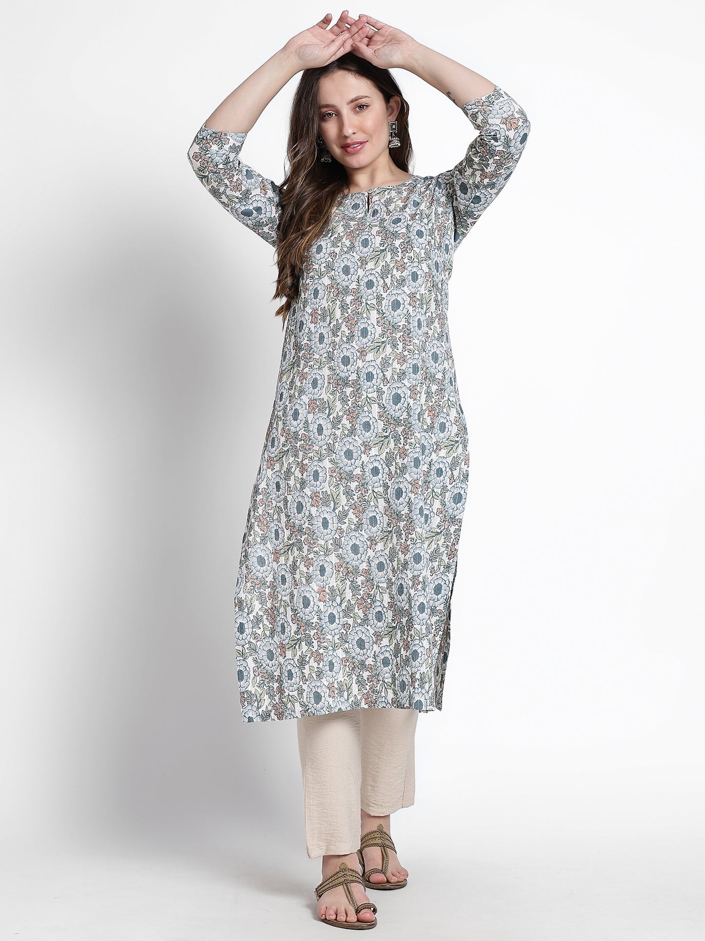 Blue Floral Printed Cotton Kurta