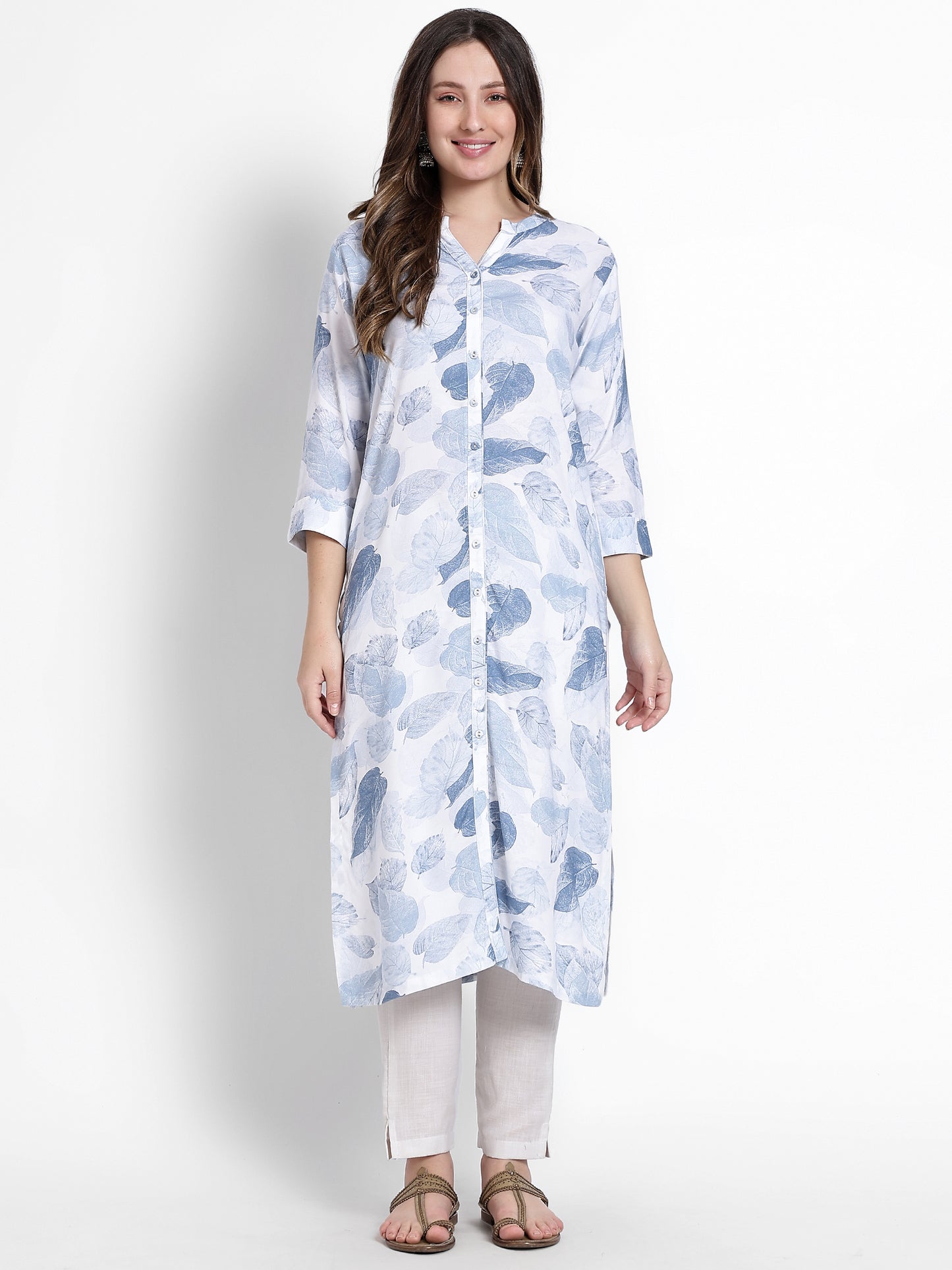 White Cotton Blue Printed Kurta