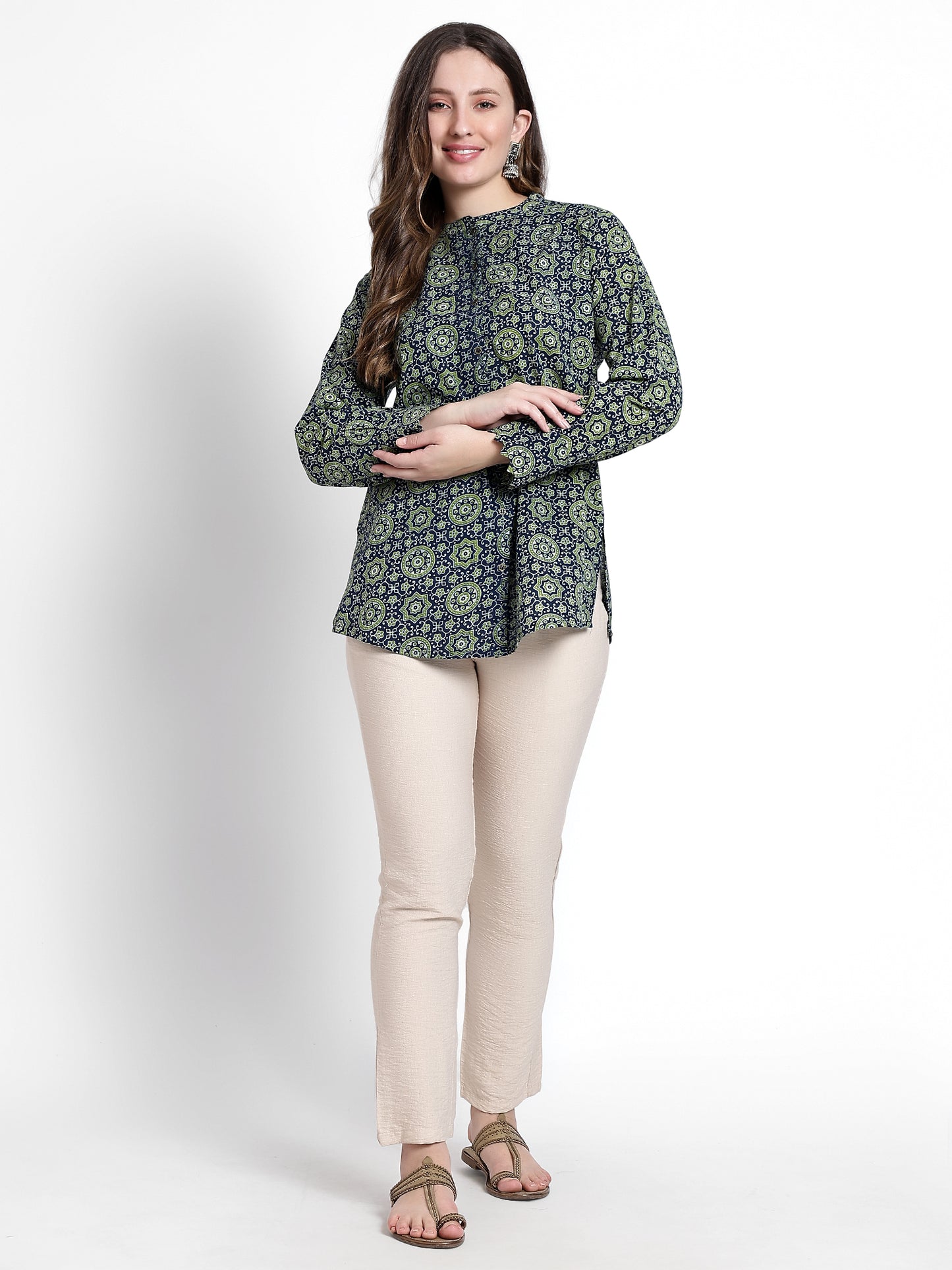 Green Printed Cotton Short Kurta
