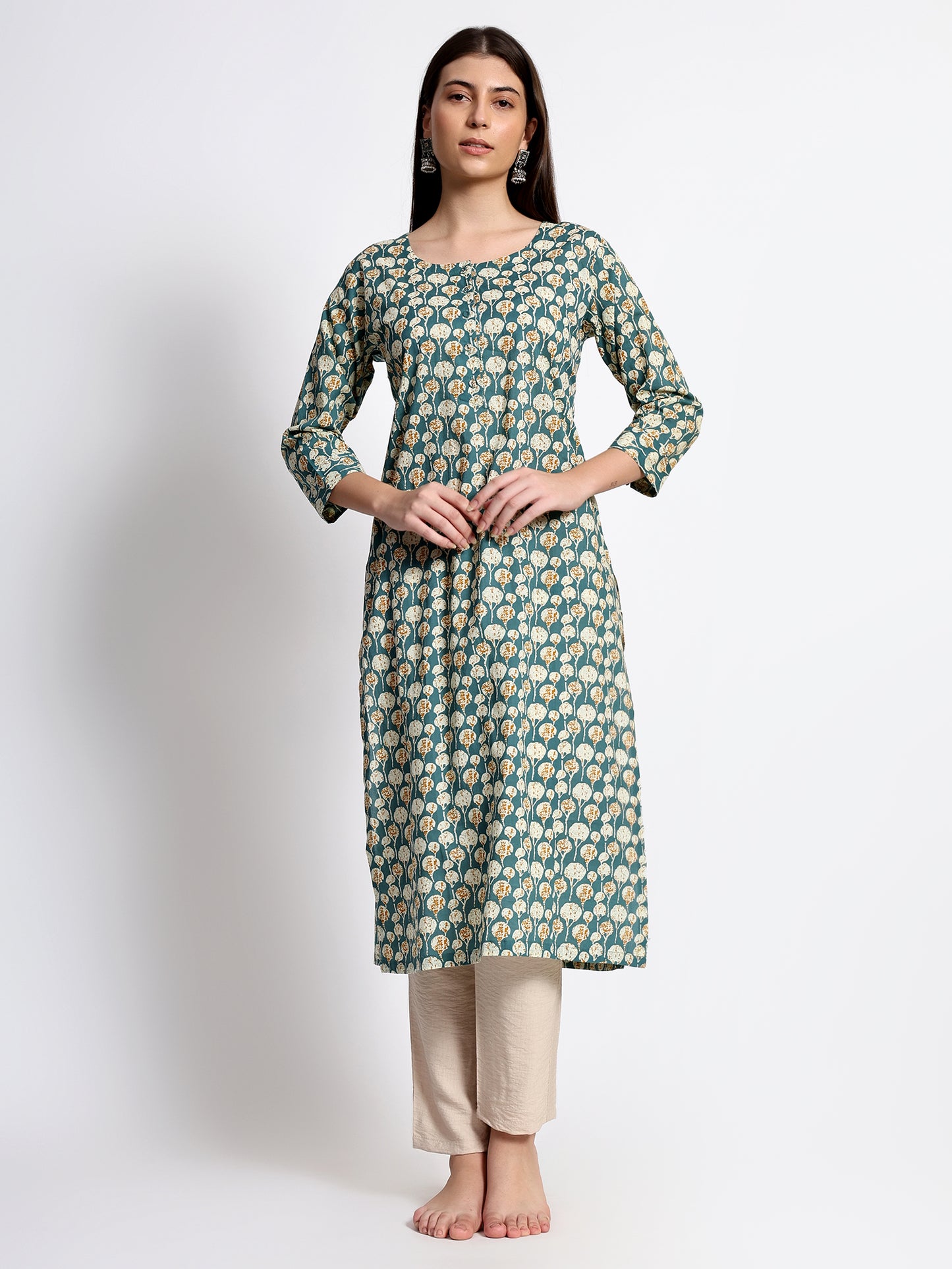 Teal Cotton Printed Kurta