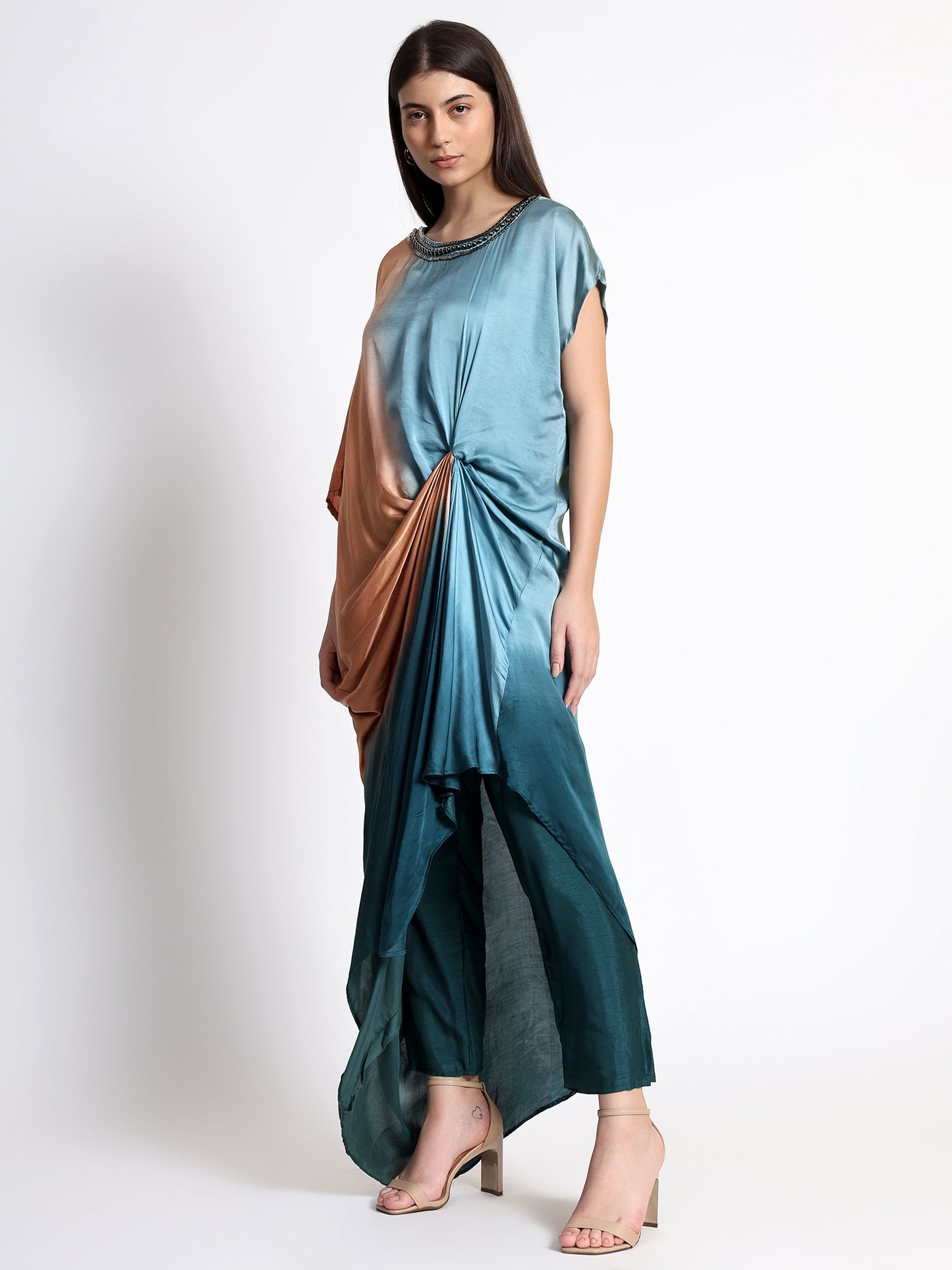 Turquoise Knotted Satin Kaftan with Teal Pants