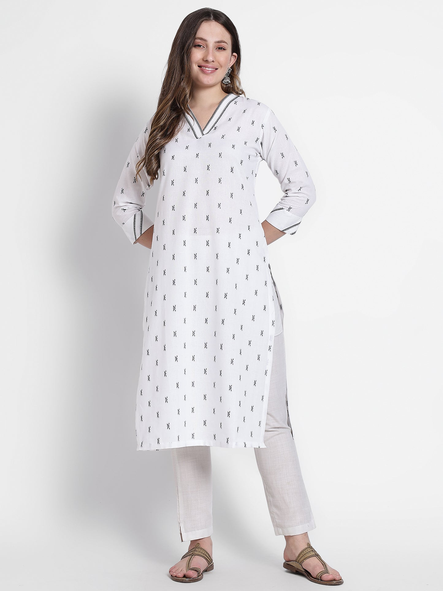 White Cotton Woven Kurta