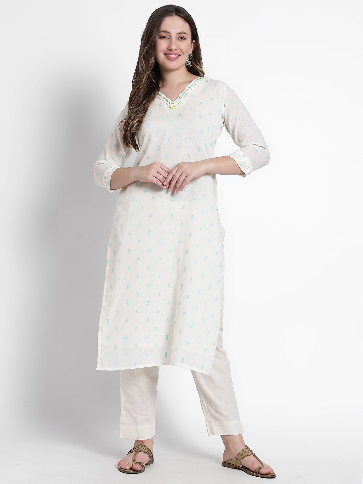 White Cotton Sky Blue Woven Kurta