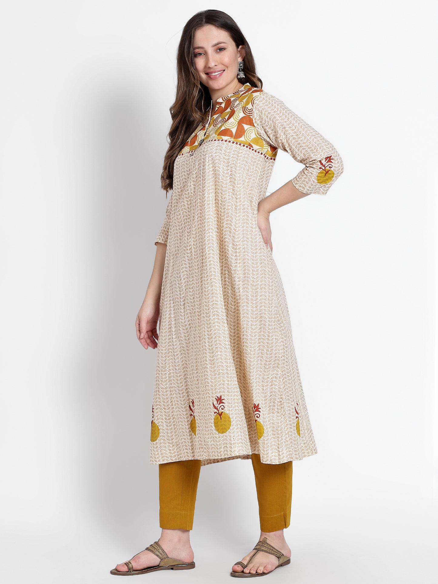 Mustard Cotton Printed Kurta Set