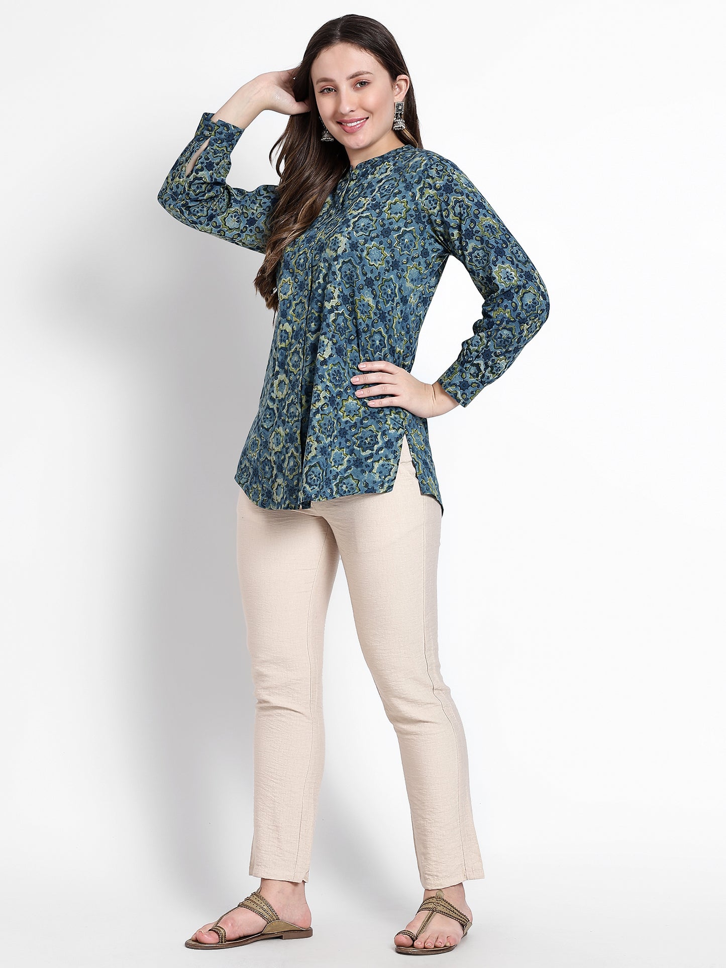 Blue Printed Cotton Short Kurta