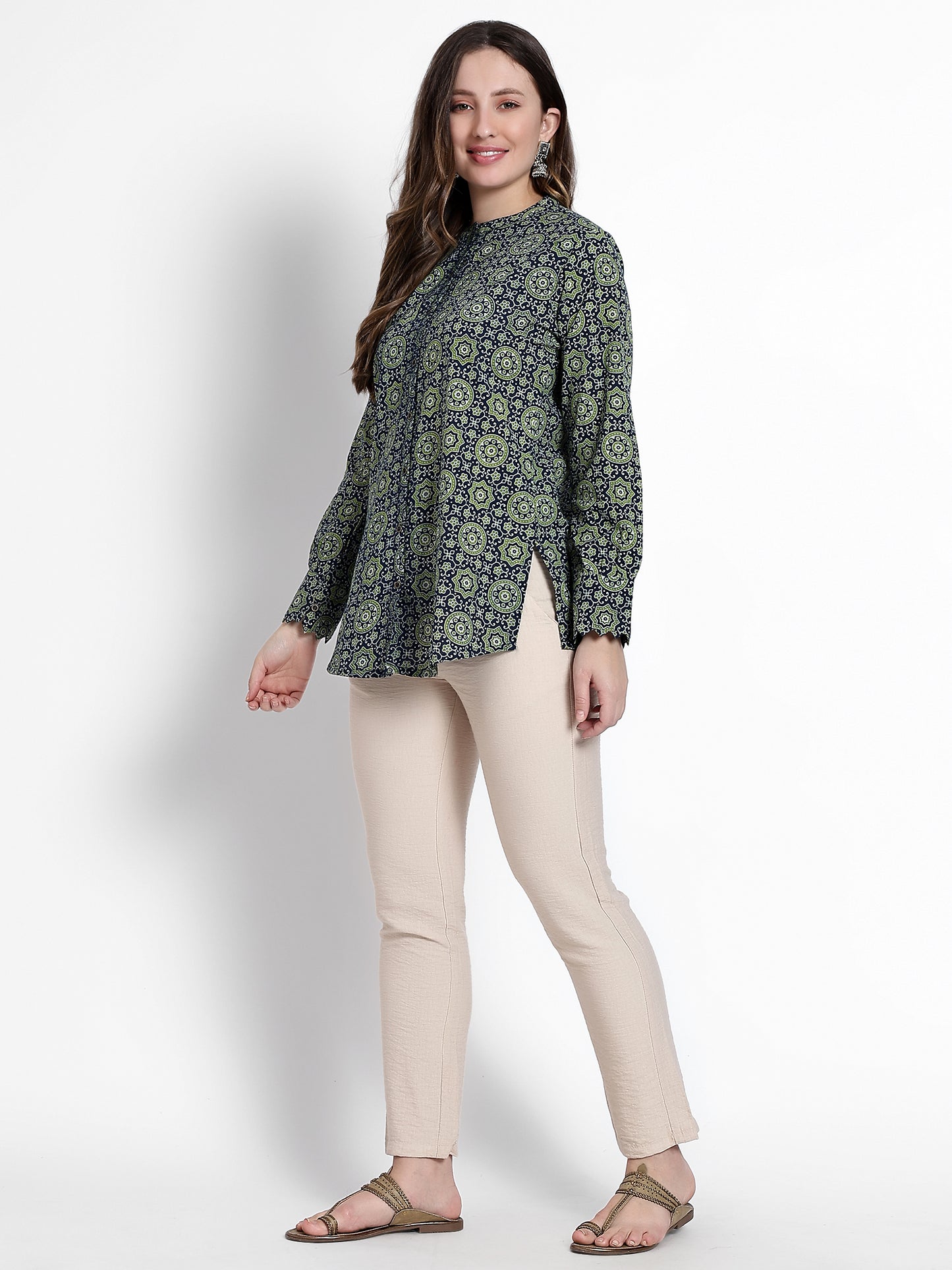 Green Printed Cotton Short Kurta