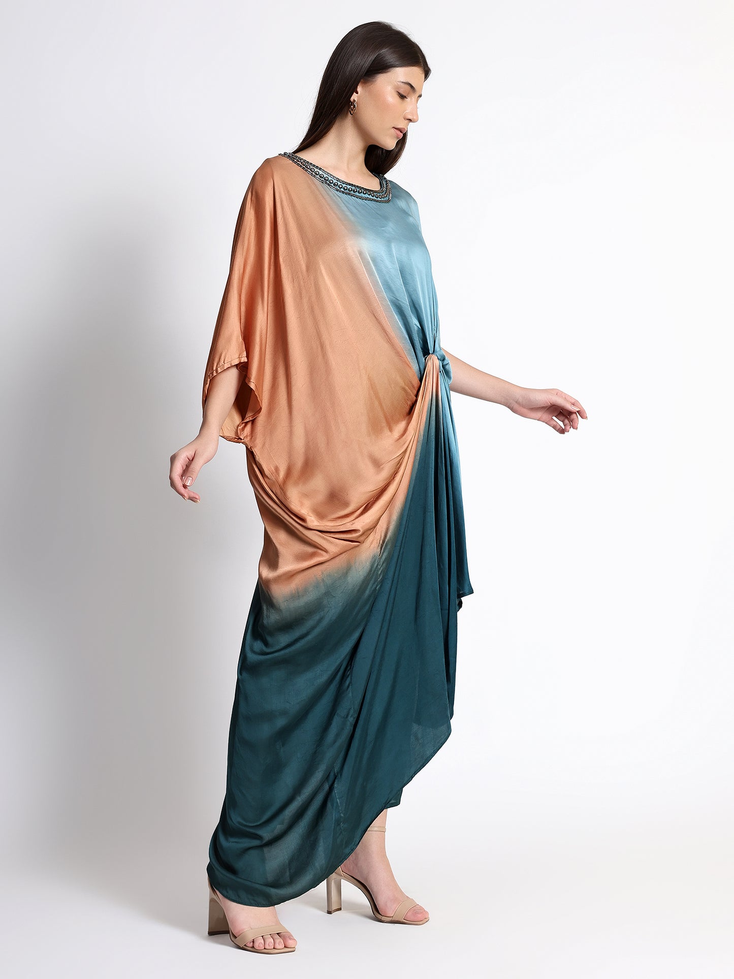 Turquoise Knotted Satin Kaftan with Teal Pants