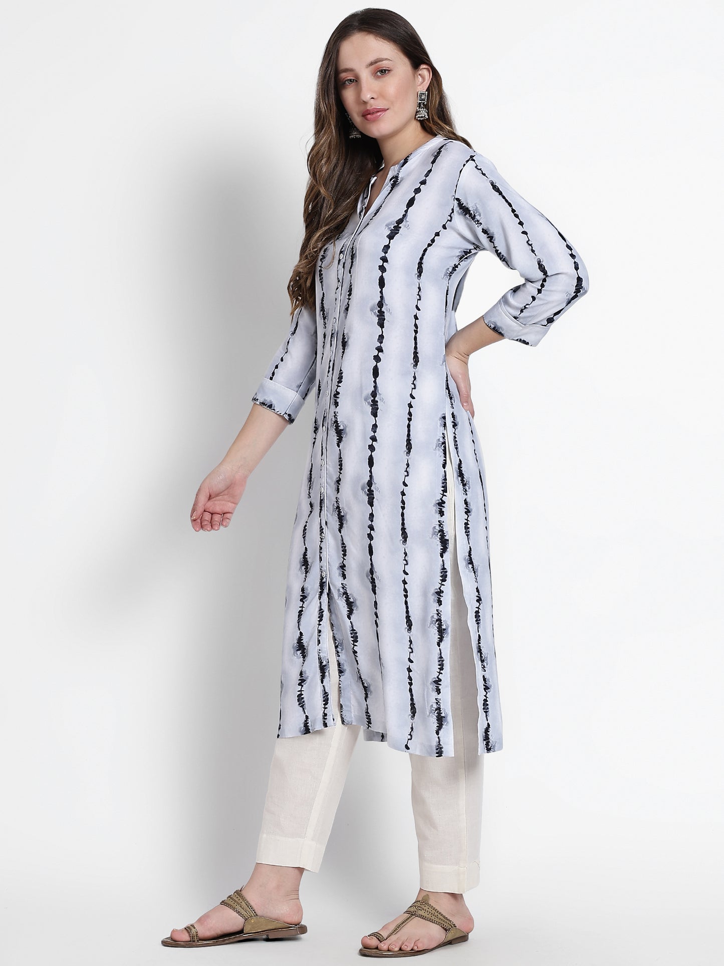 White Cotton Blue Abstract Striped Cotton Kurta