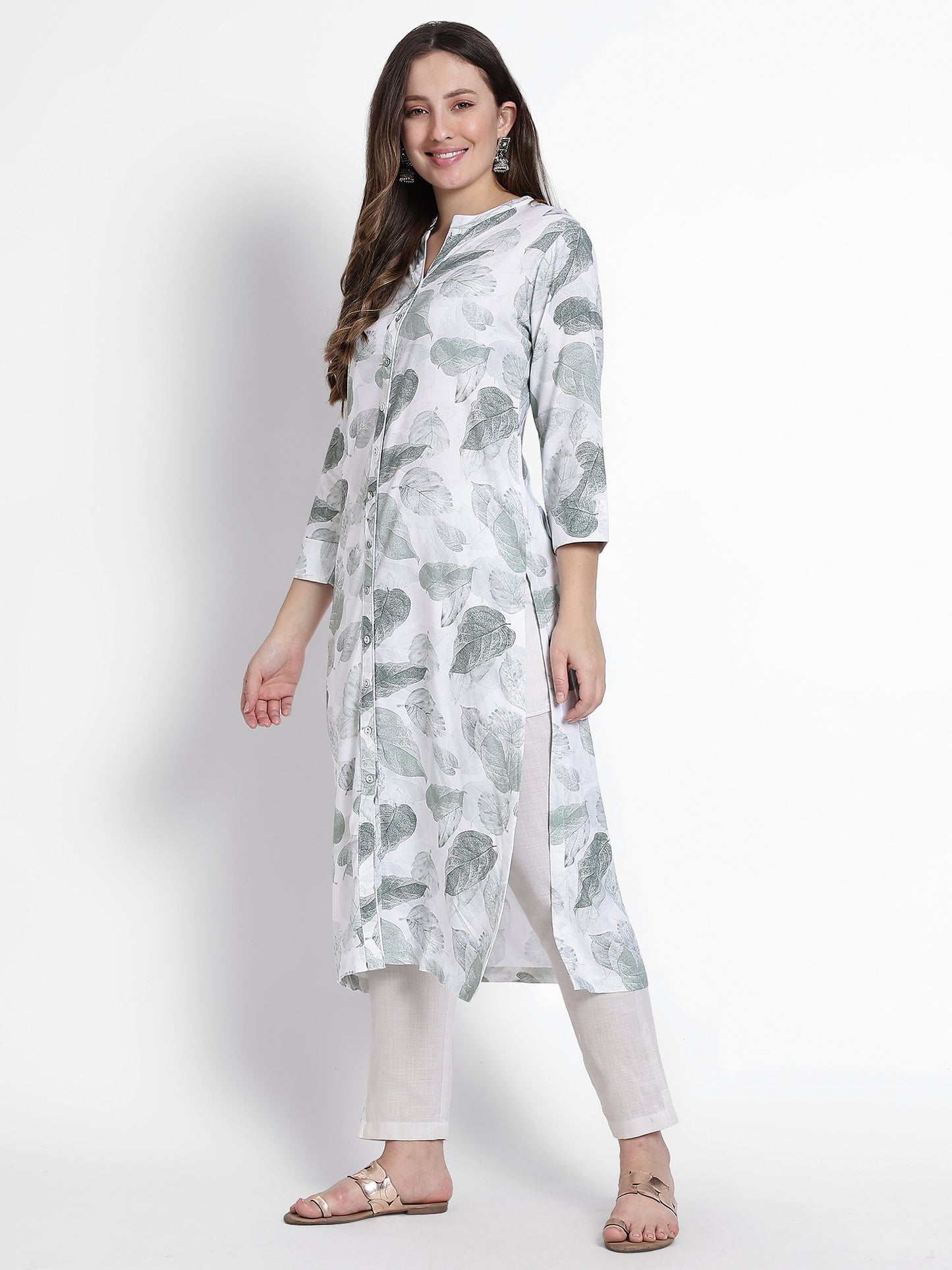 White Cotton Grey Printed Kurta