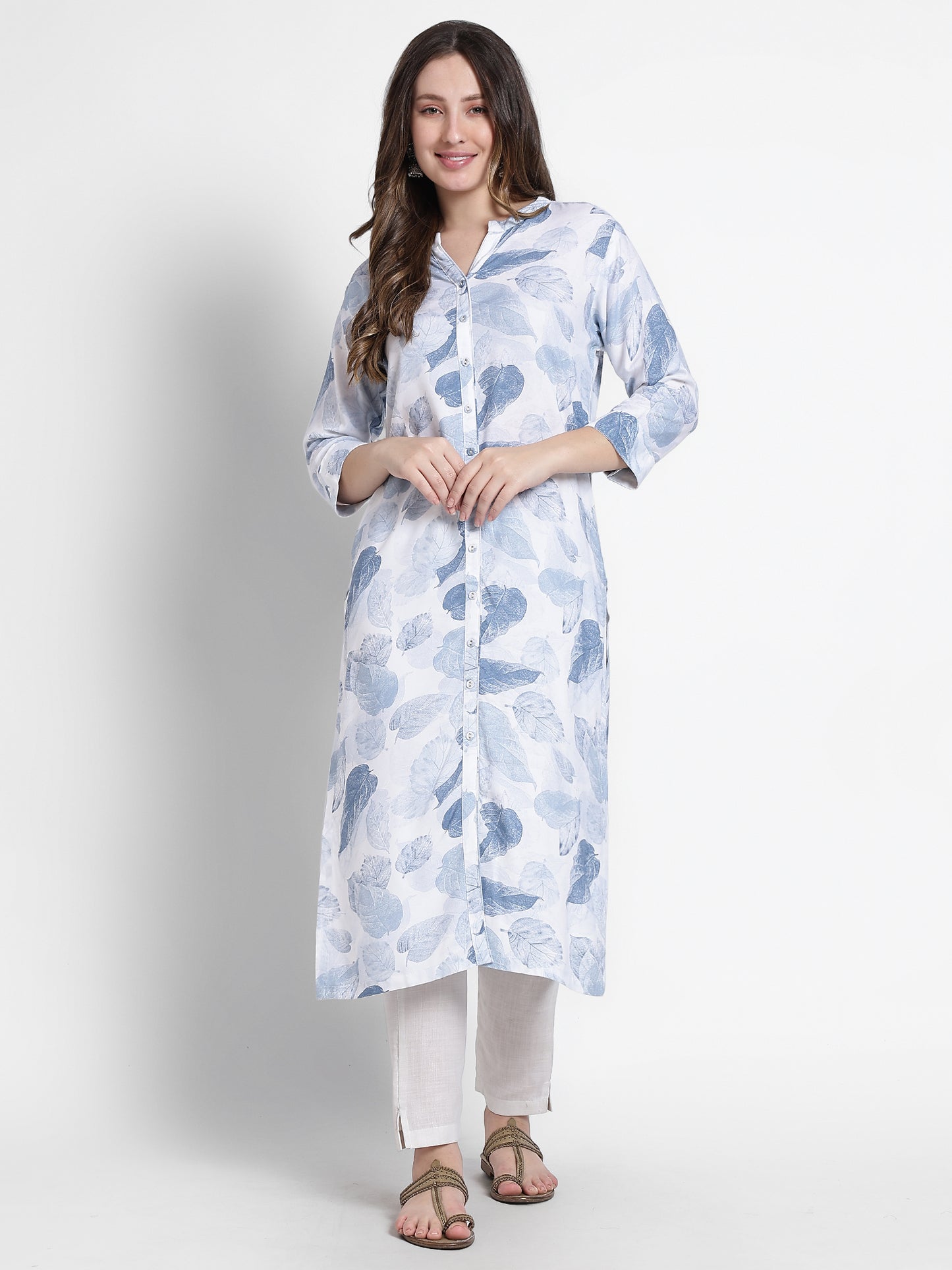 White Cotton Blue Printed Kurta