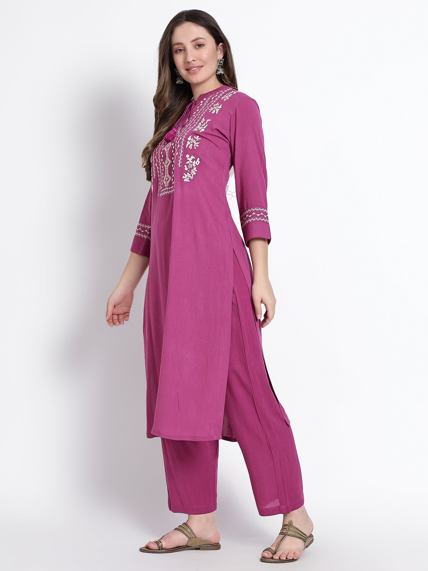 Pink Crincle Cotton Hand Embroidered Kurta Set