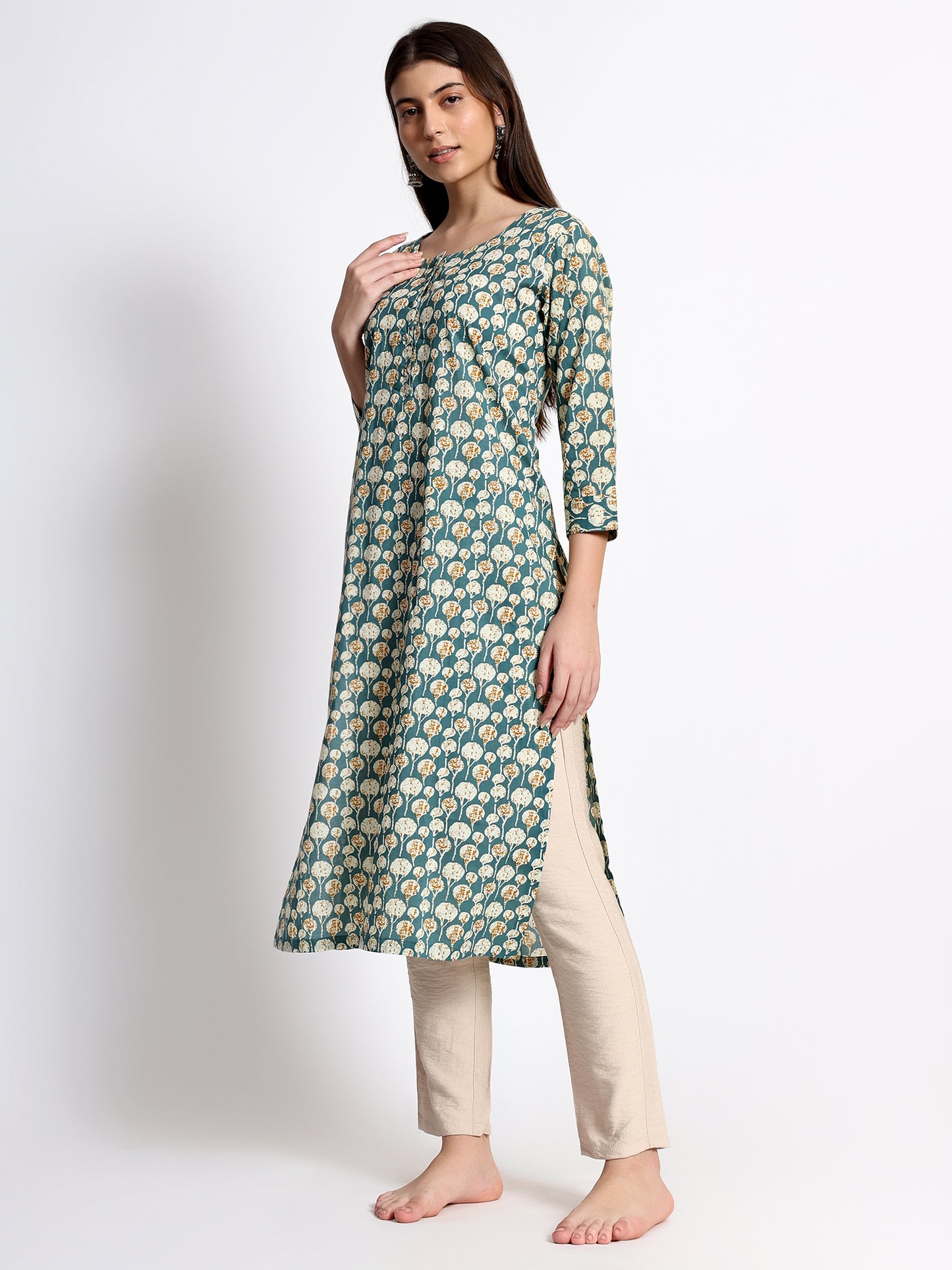 Teal Cotton Printed Kurta
