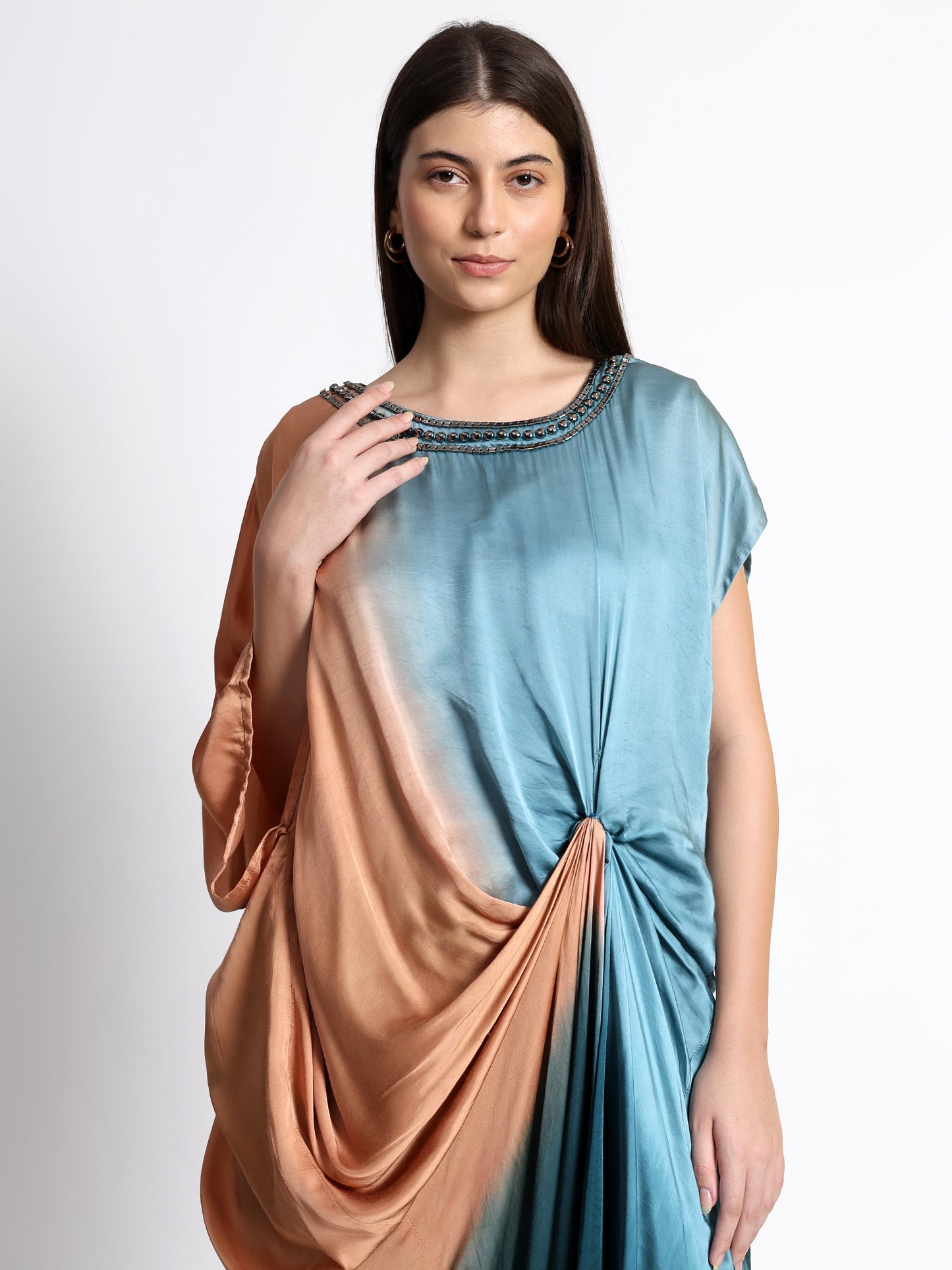 Turquoise Knotted Satin Kaftan with Teal Pants